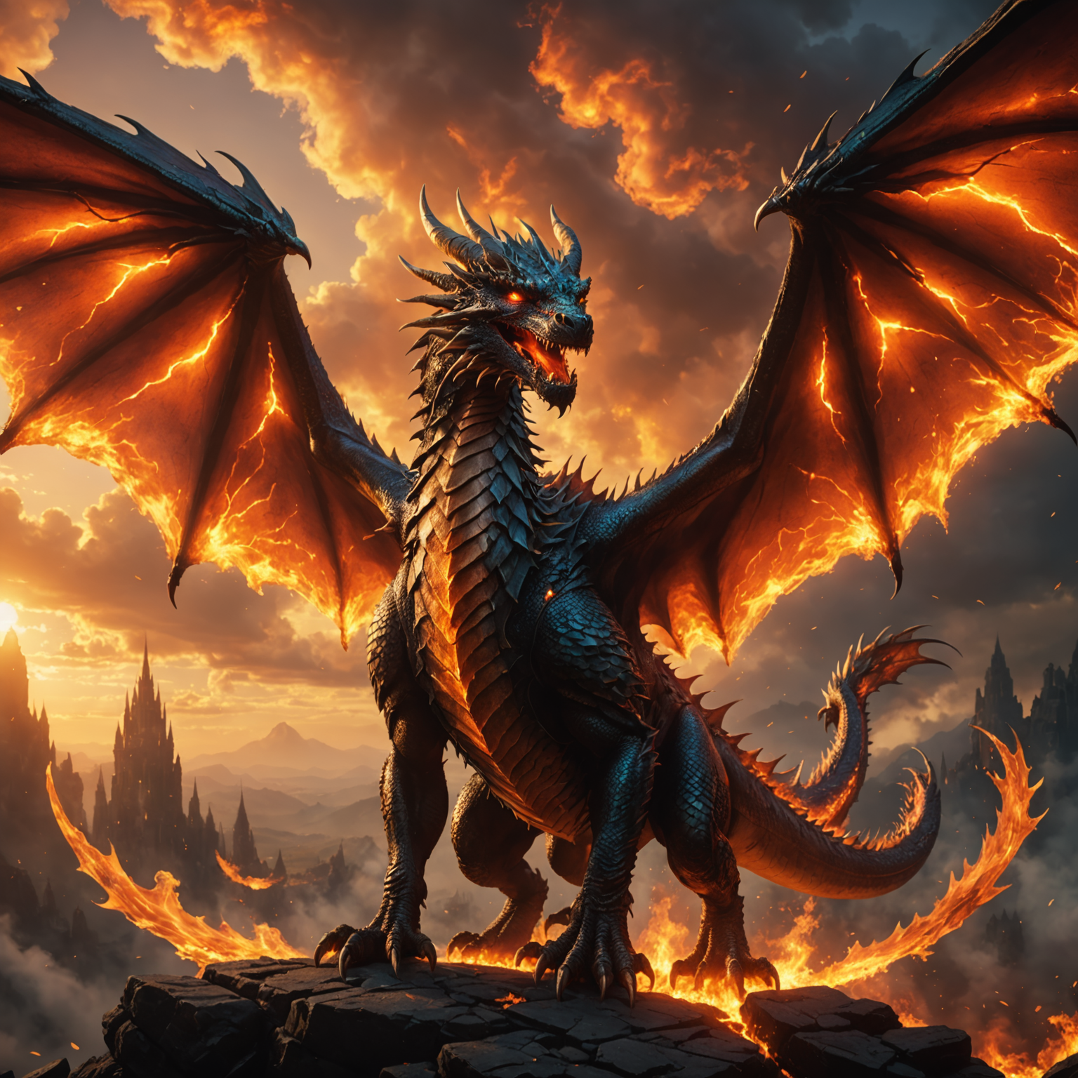 4K Dragon Fire Wallpaper – Inferno Sky Scene fantasy art