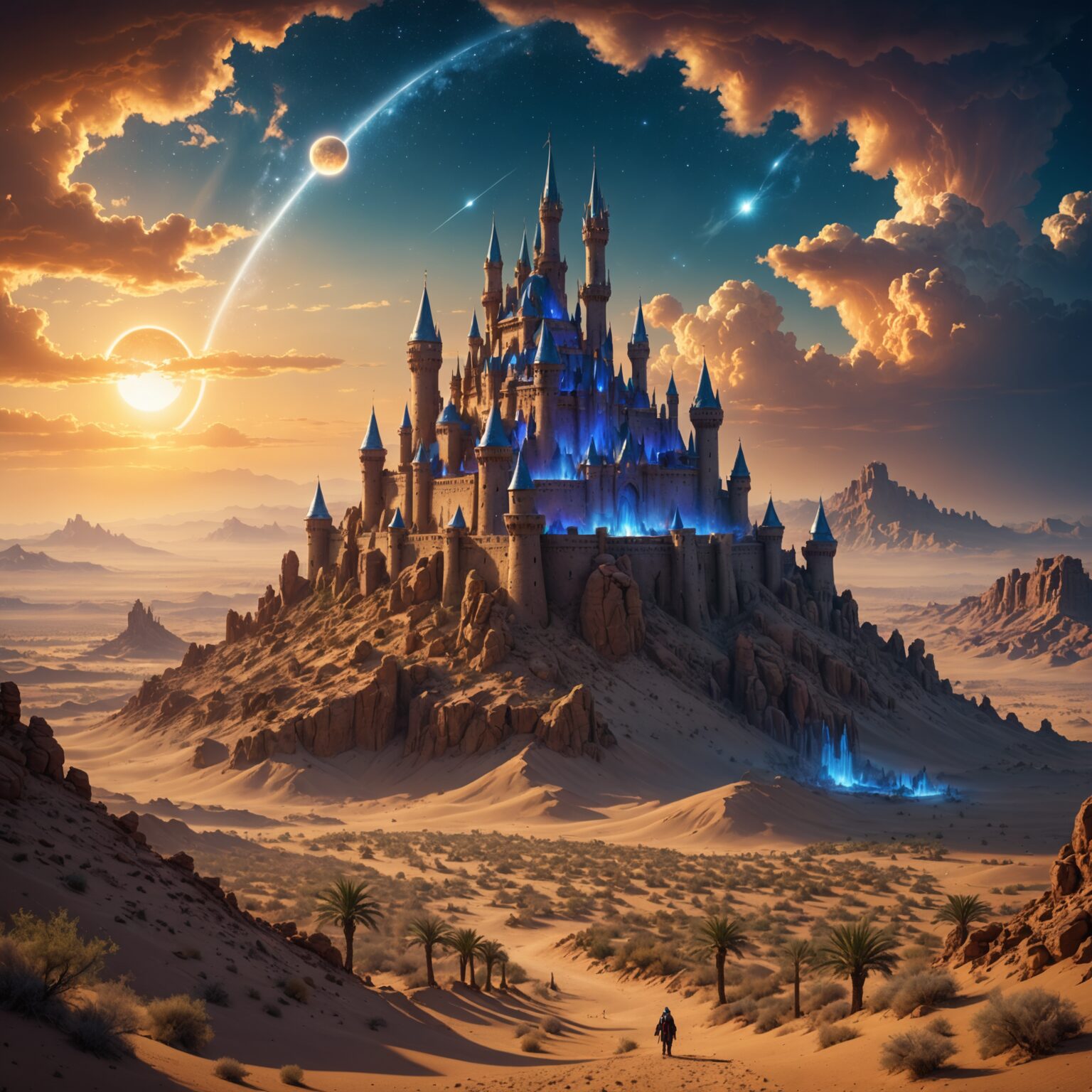 Celestial Castle Skyline in a Desert Kingdom: A Mystic Fantasy Wallpaper fantasy art