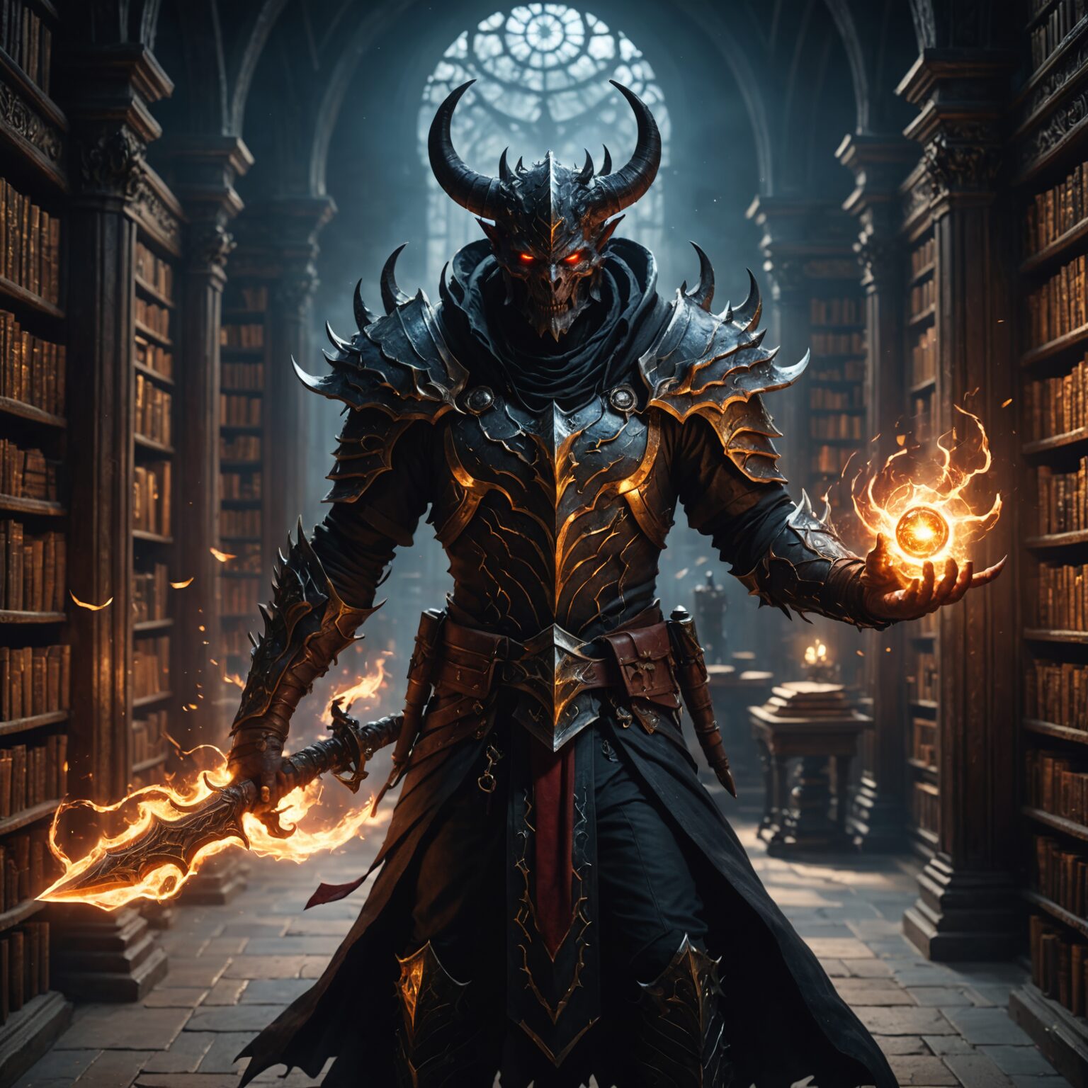 Celestial Demon Assassin in the Arcane Library: A Visual Masterpiece fantasy art