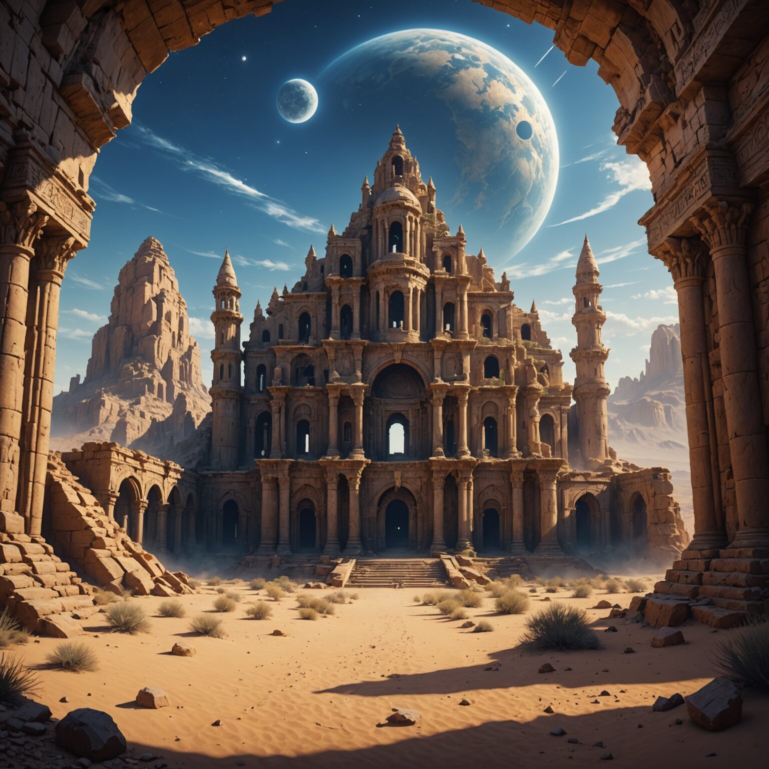 Celestial Empowered Ruins: Mystic Echoes in a Desert Kingdom fantasy art