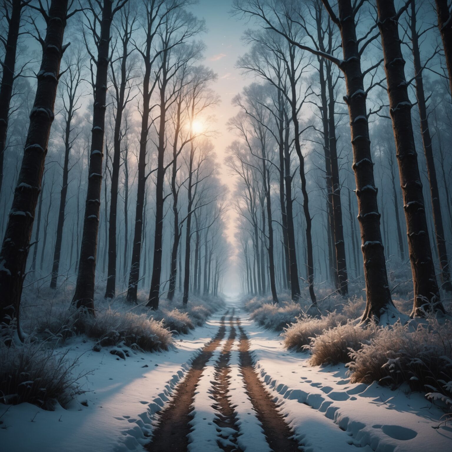 Celestial Glow Along the Shadowed Forest Path in a Frozen Wasteland fantasy art