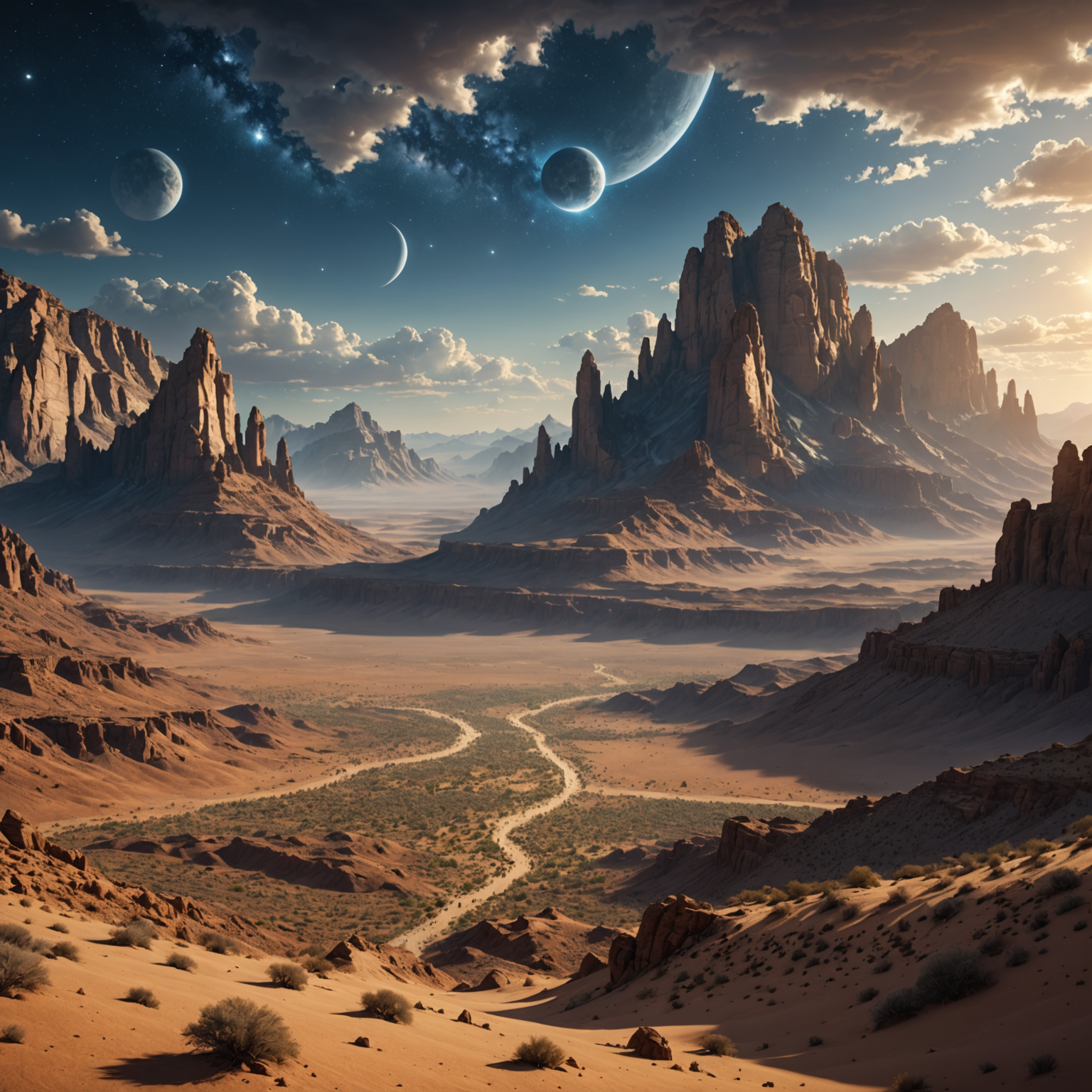 Celestial Mountain Vista: A Desert Kingdom's Majestic Panorama Celestial Mountain Vista: A Desert Kingdom's Majestic Panorama fantasy art