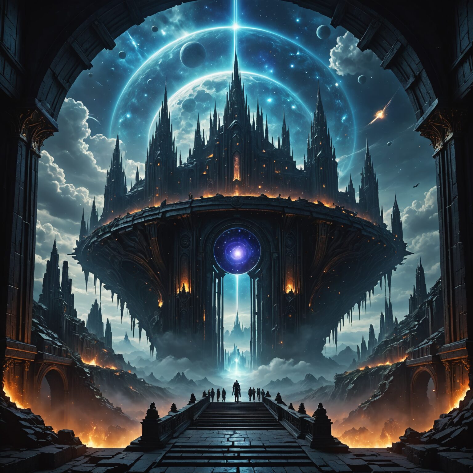 Celestial Mystic and the Dark Portal of the Floating Sky City fantasy art