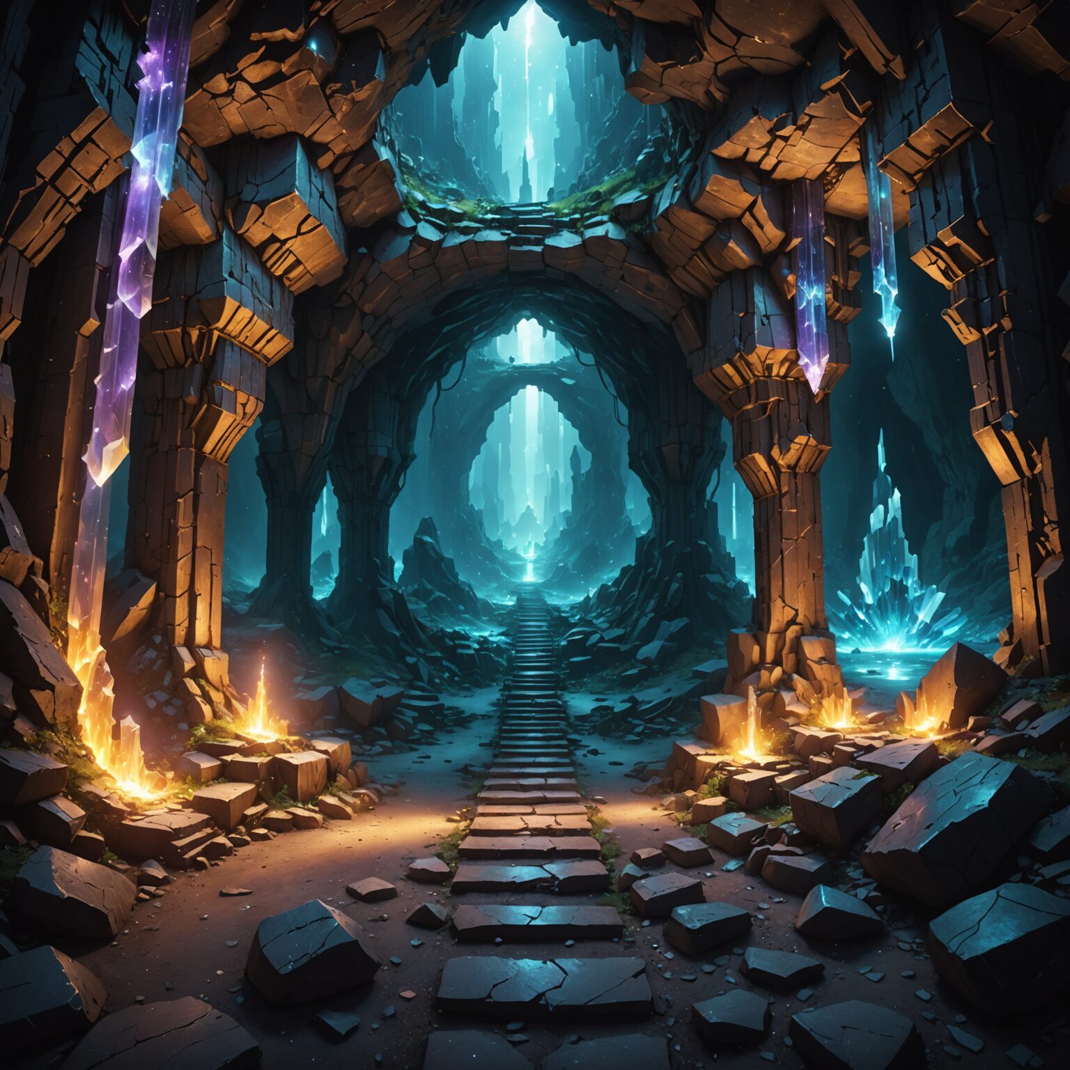 Celestial Ruins: A Pathway Through the Crystal Cavern fantasy art