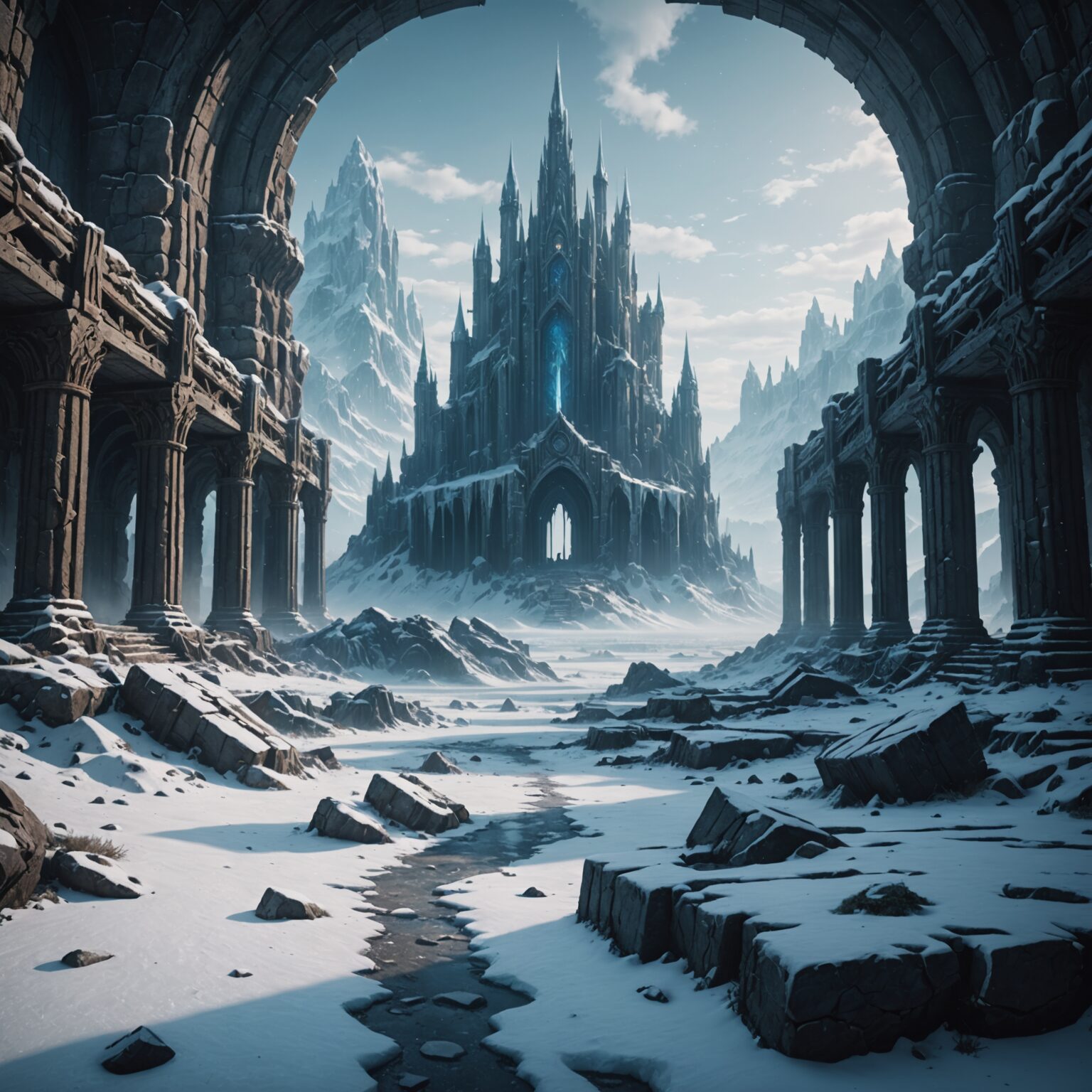 Celestial Ruins Amidst a Frozen Wasteland: A Visual Journey fantasy art