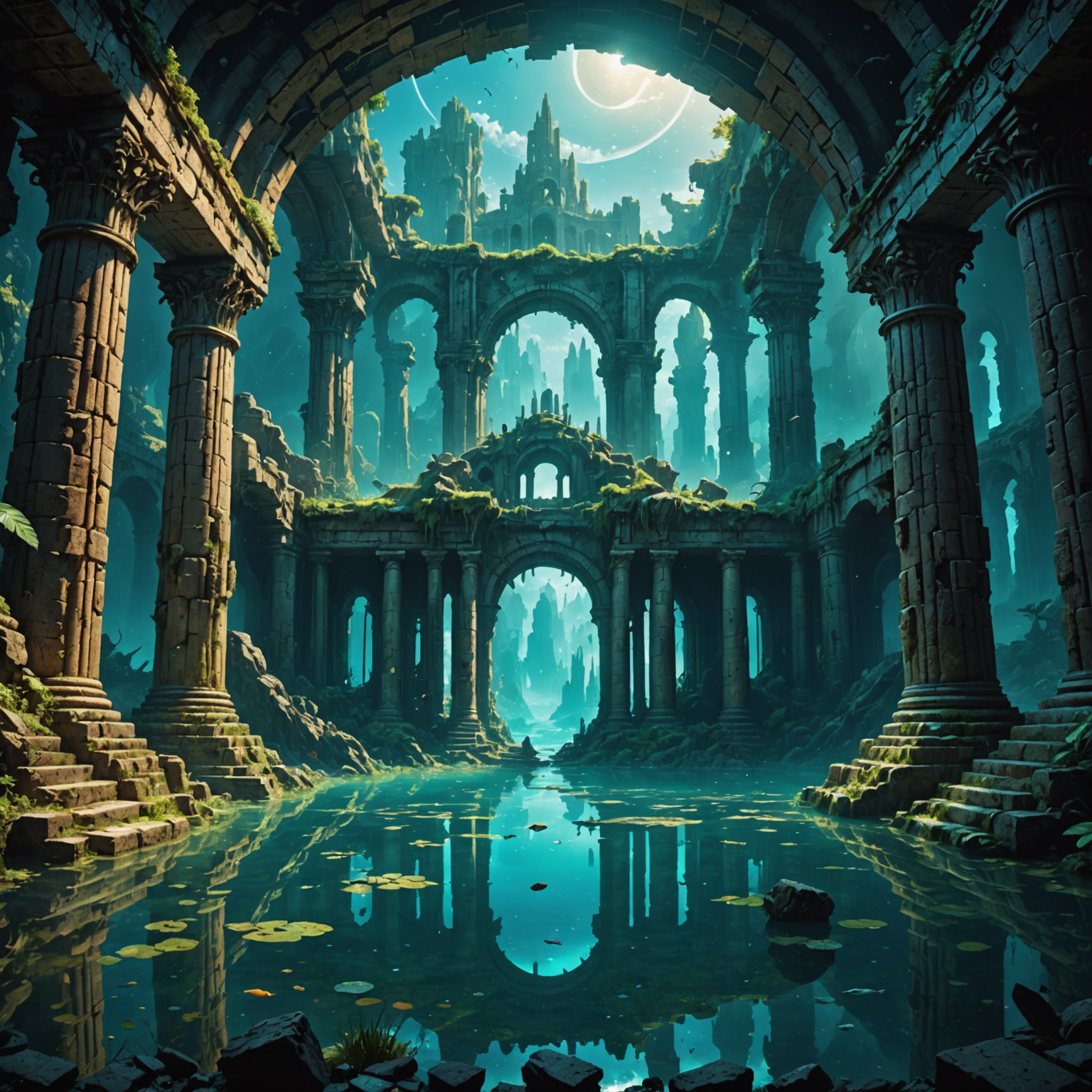 Celestial Shadows: 4K Fantasy Wallpaper of Underwater Ruins Celestial Shadows: 4K Fantasy Wallpaper of Underwater Ruins fantasy art