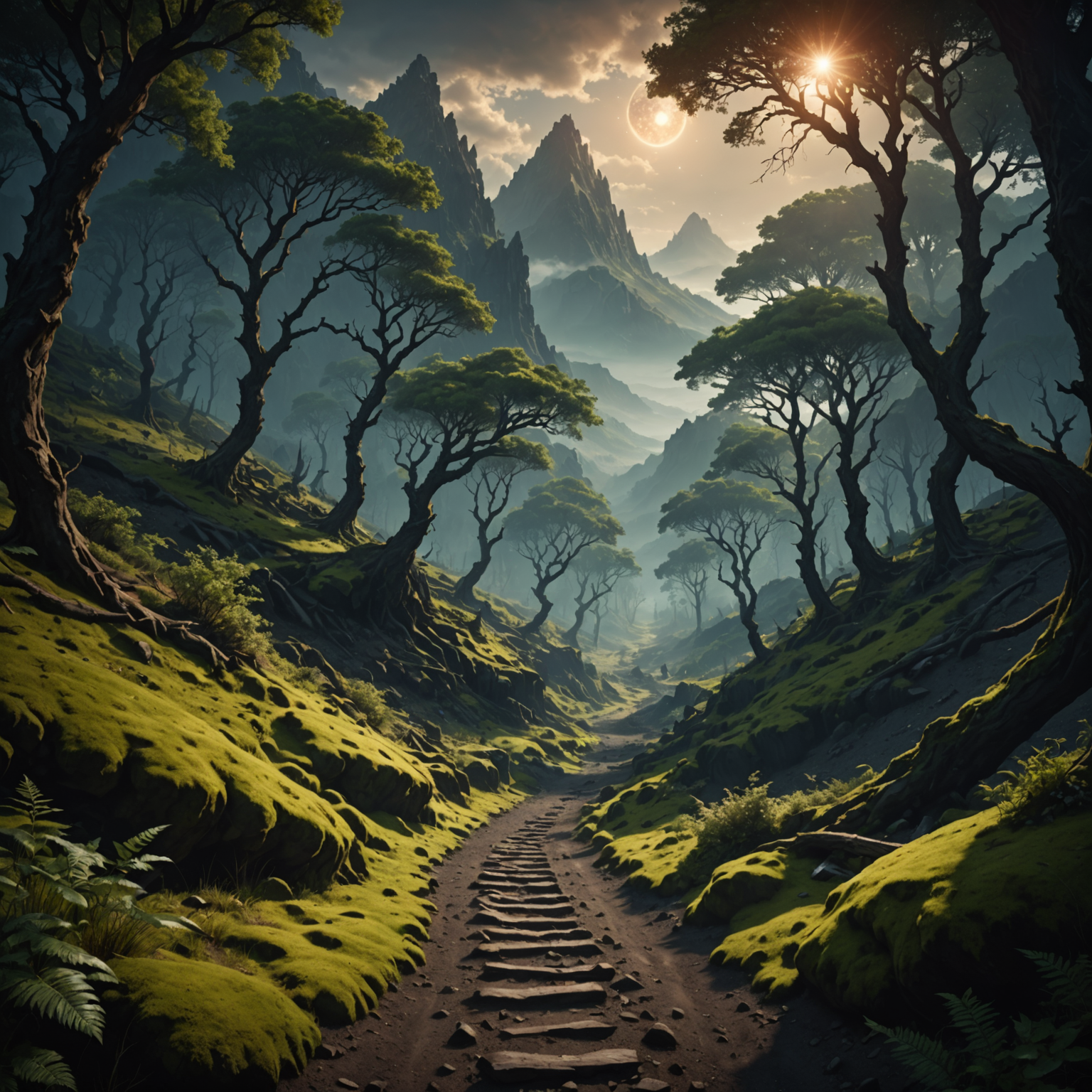 Celestial Shadows: A Forest Path Through Volcanic Mountains fantasy art