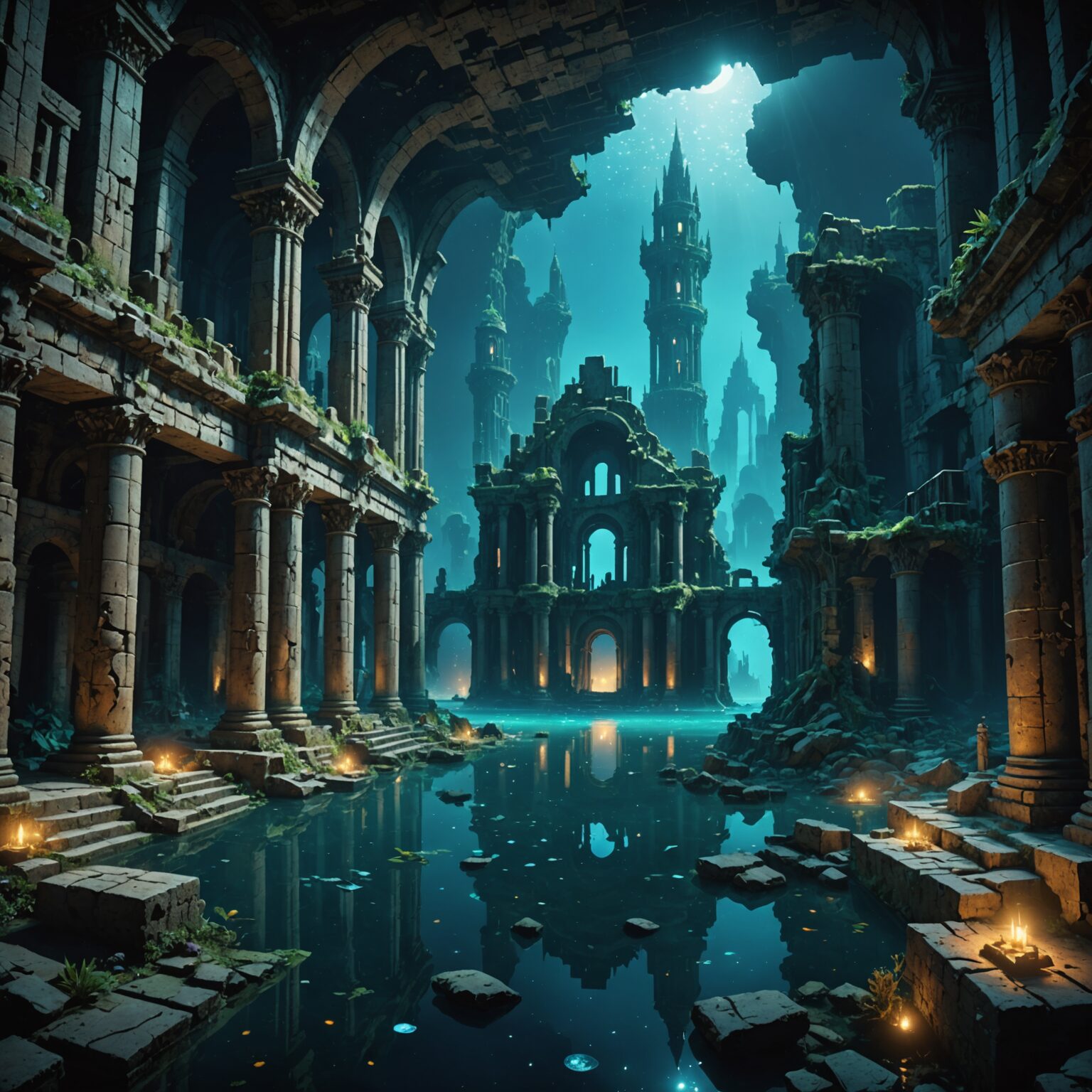 Celestial Shadows: An Underwater Fantasy City at Night fantasy art
