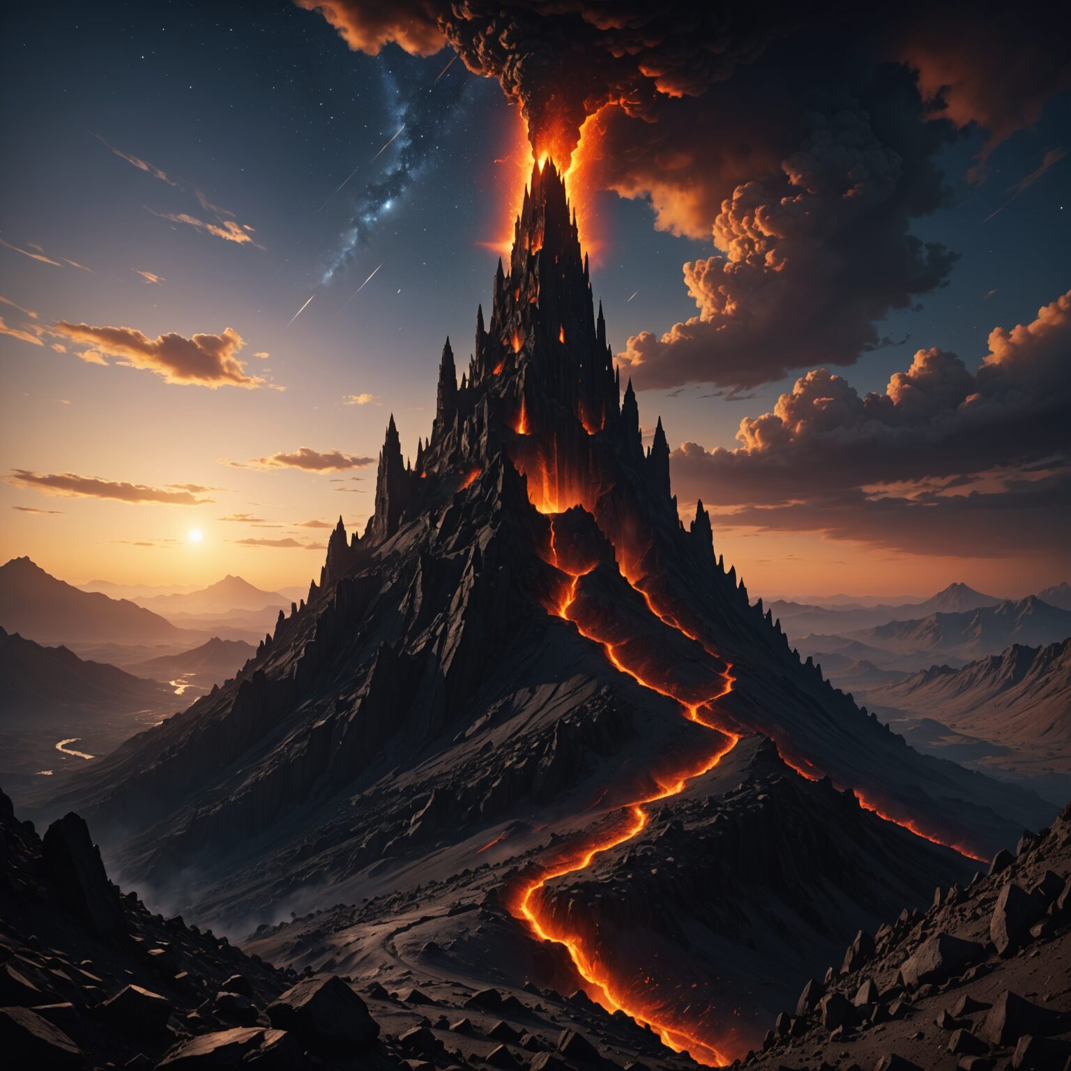 Celestial Tower Silhouette Amid Volcanic Peaks - Mobile Wallpaper Celestial Tower Silhouette Amid Volcanic Peaks - Mobile Wallpaper fantasy art