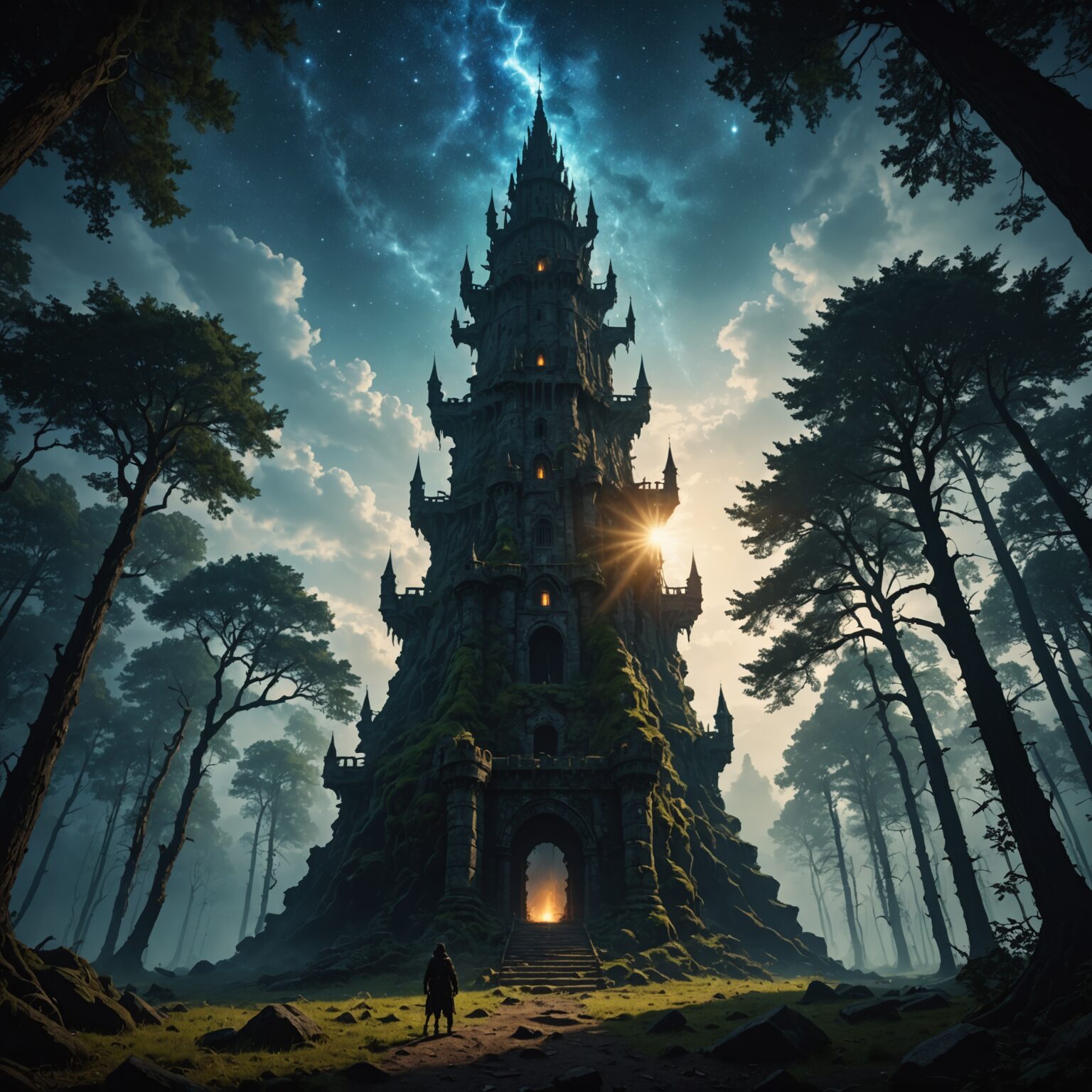 Celestial Tower Silhouette in an Ancient Forest – Mobile Wallpaper Celestial Tower Silhouette in an Ancient Forest – Mobile Wallpaper fantasy art