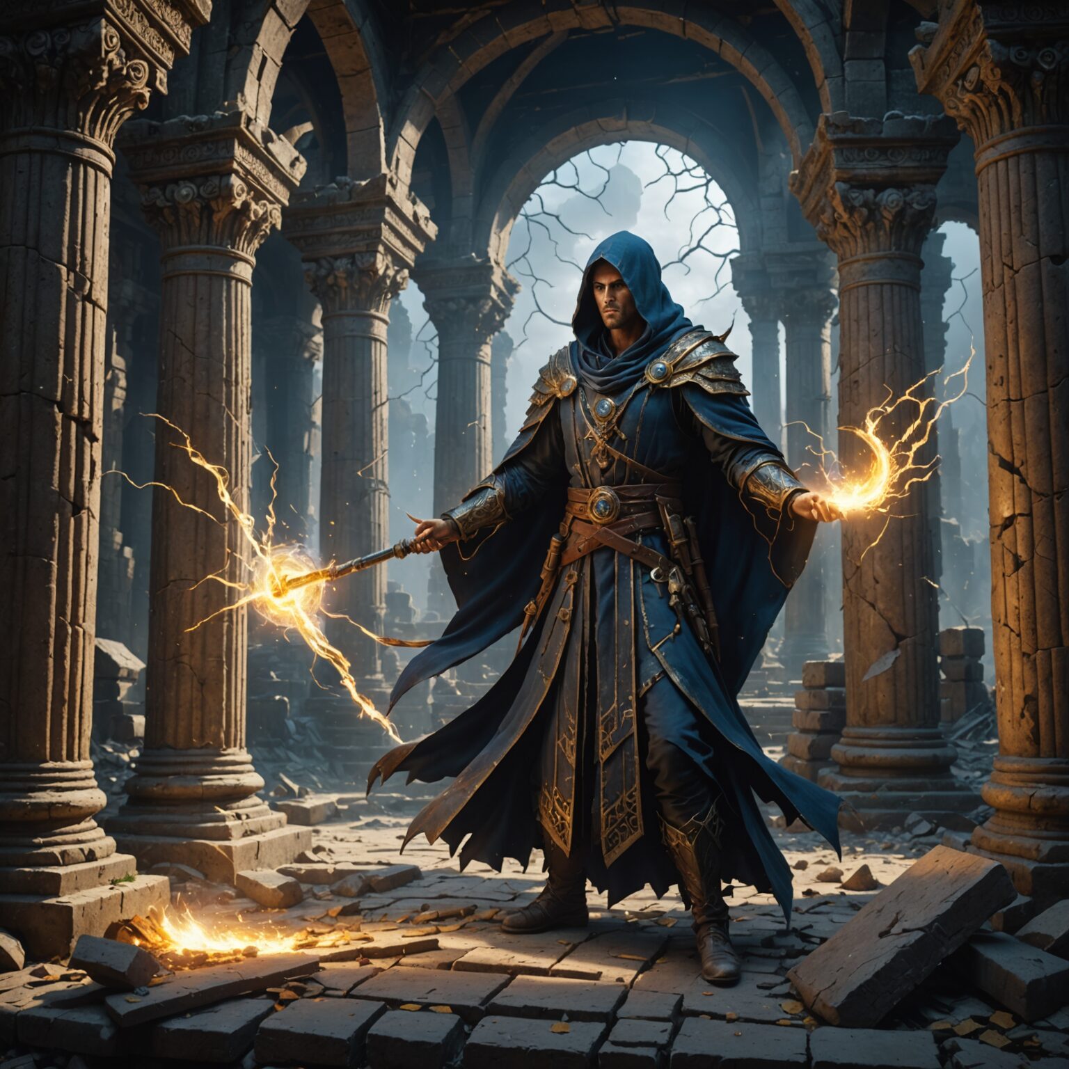 Celestial Weaver: A Mage Amidst Ruins of Ancient Power Celestial Weaver: A Mage Amidst Ruins of Ancient Power fantasy art