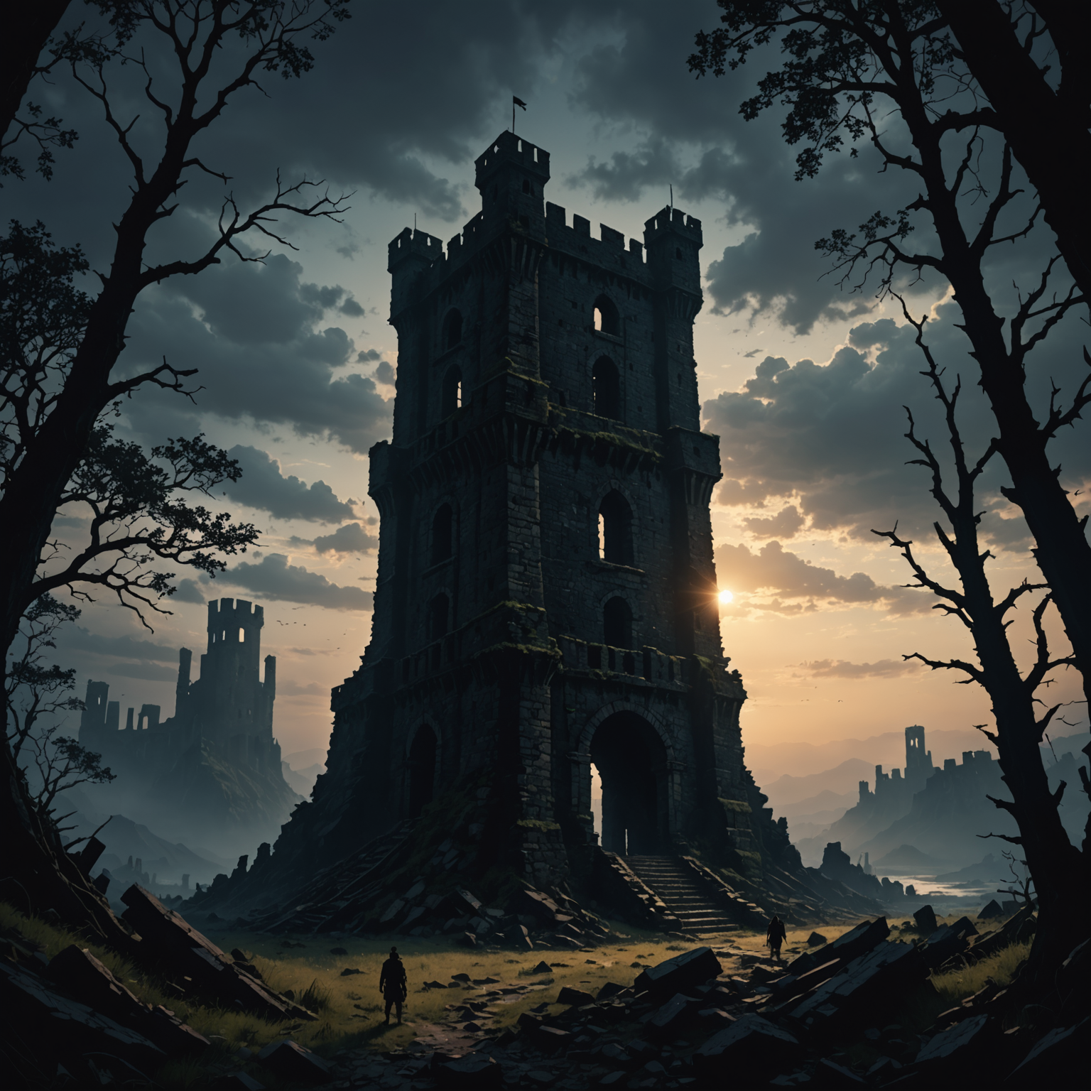 Dark Fantasy Mobile Wallpaper – Ruined Tower Silhouette fantasy art