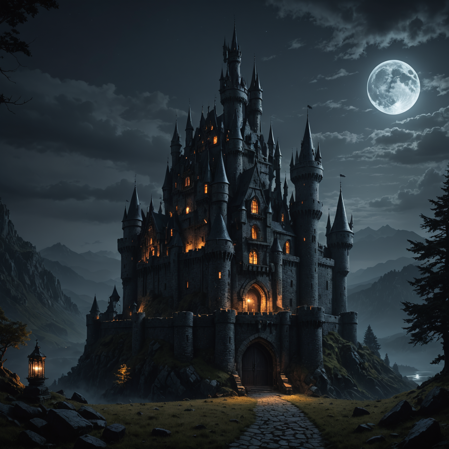 Dark Fantasy Wallpaper 4K – Shadow Castle Night Scene fantasy art