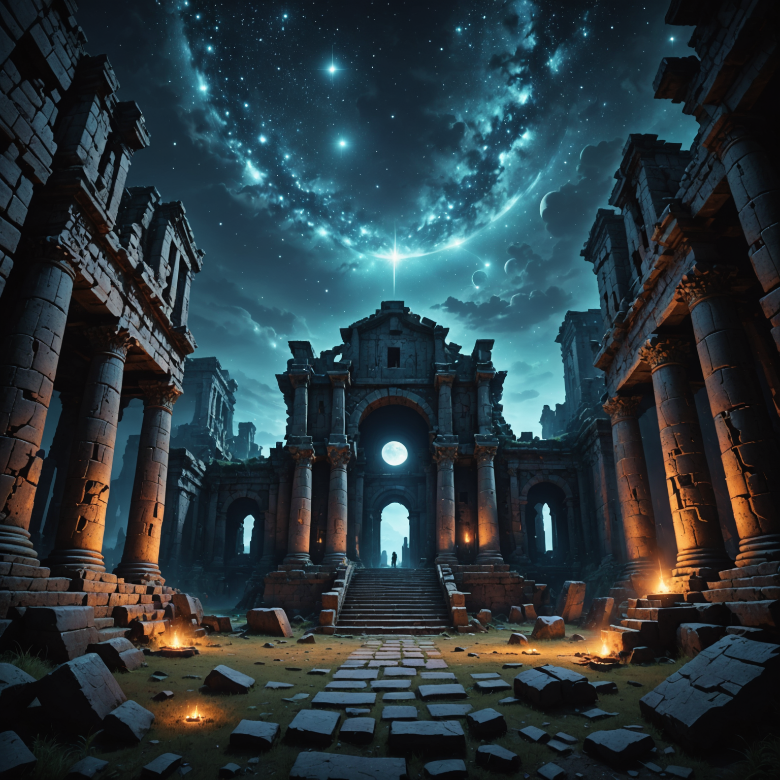 Dark Shadow-Themed Mobile Wallpapers of the Celestial Realm amid Ancient Ruins fantasy art