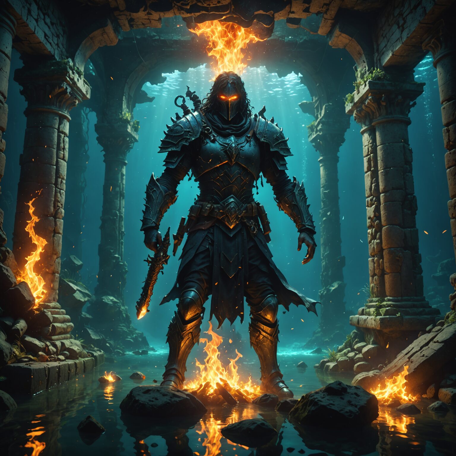Embers of the Shadowed Vertical Realm: Underwater Fire Fantasy Mobile Wallpaper fantasy art