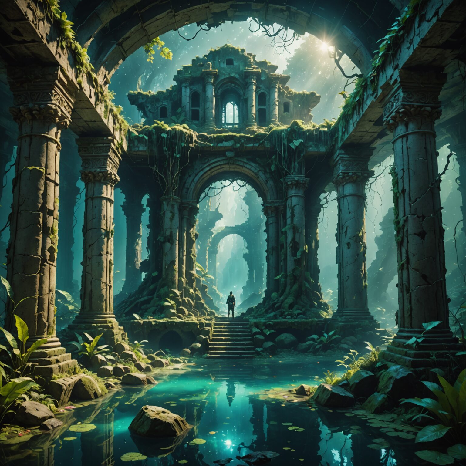 Enchanted Depths: Underwater Ruins in an Epic Forest Scene fantasy art