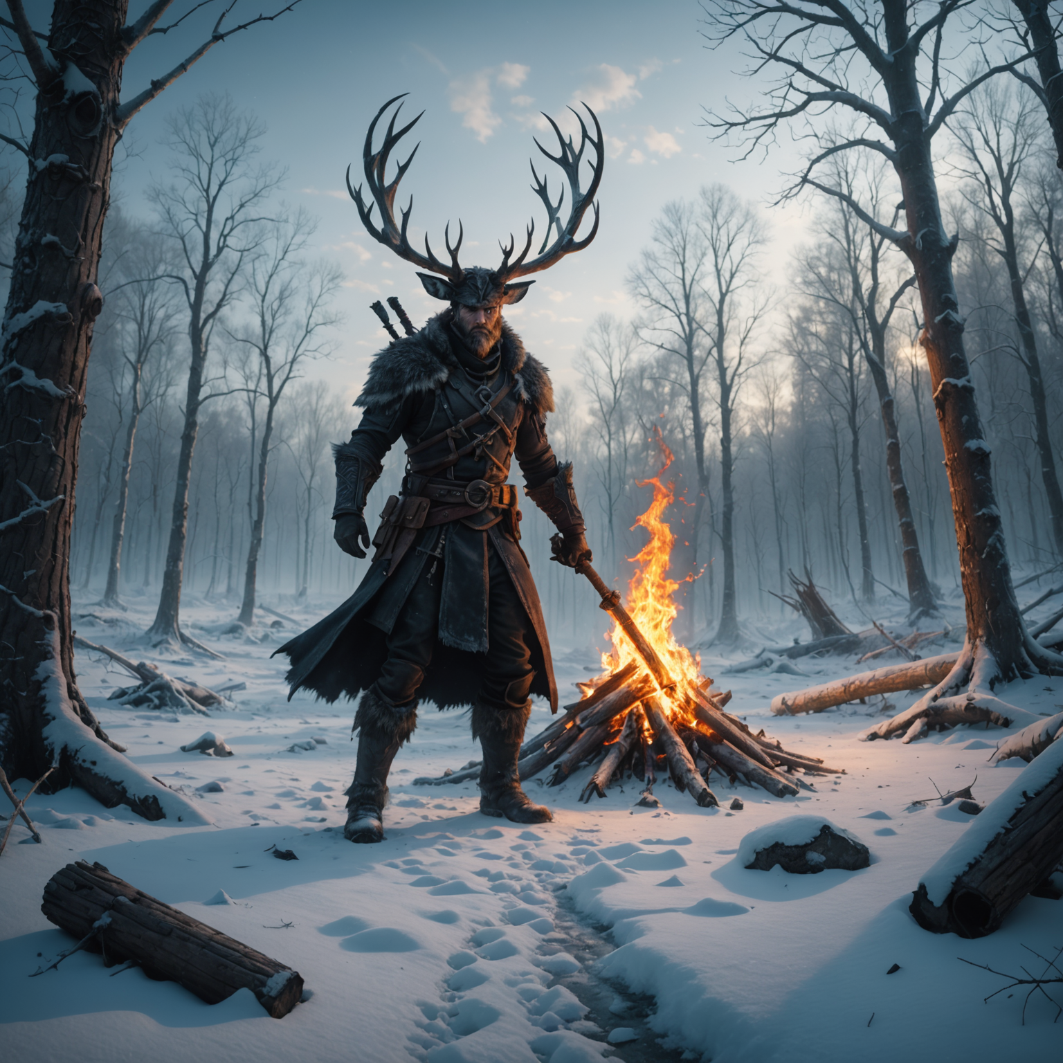 Enchanted Flames: The Shadowed Guardian of the Frozen Wasteland fantasy art
