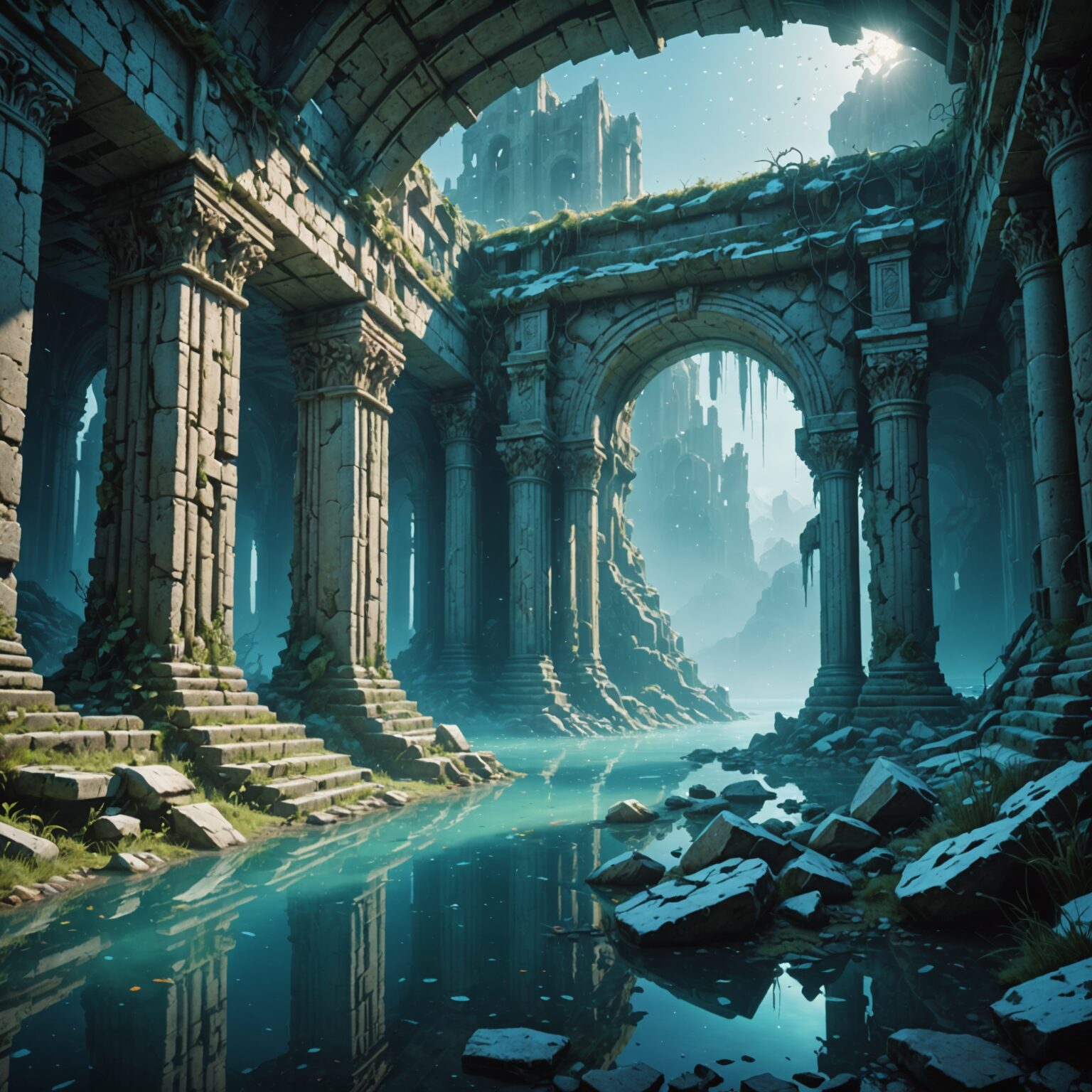 Enchanted Frost Beneath the Waves: Exploring Underwater Ruins in Fantasy Art fantasy art