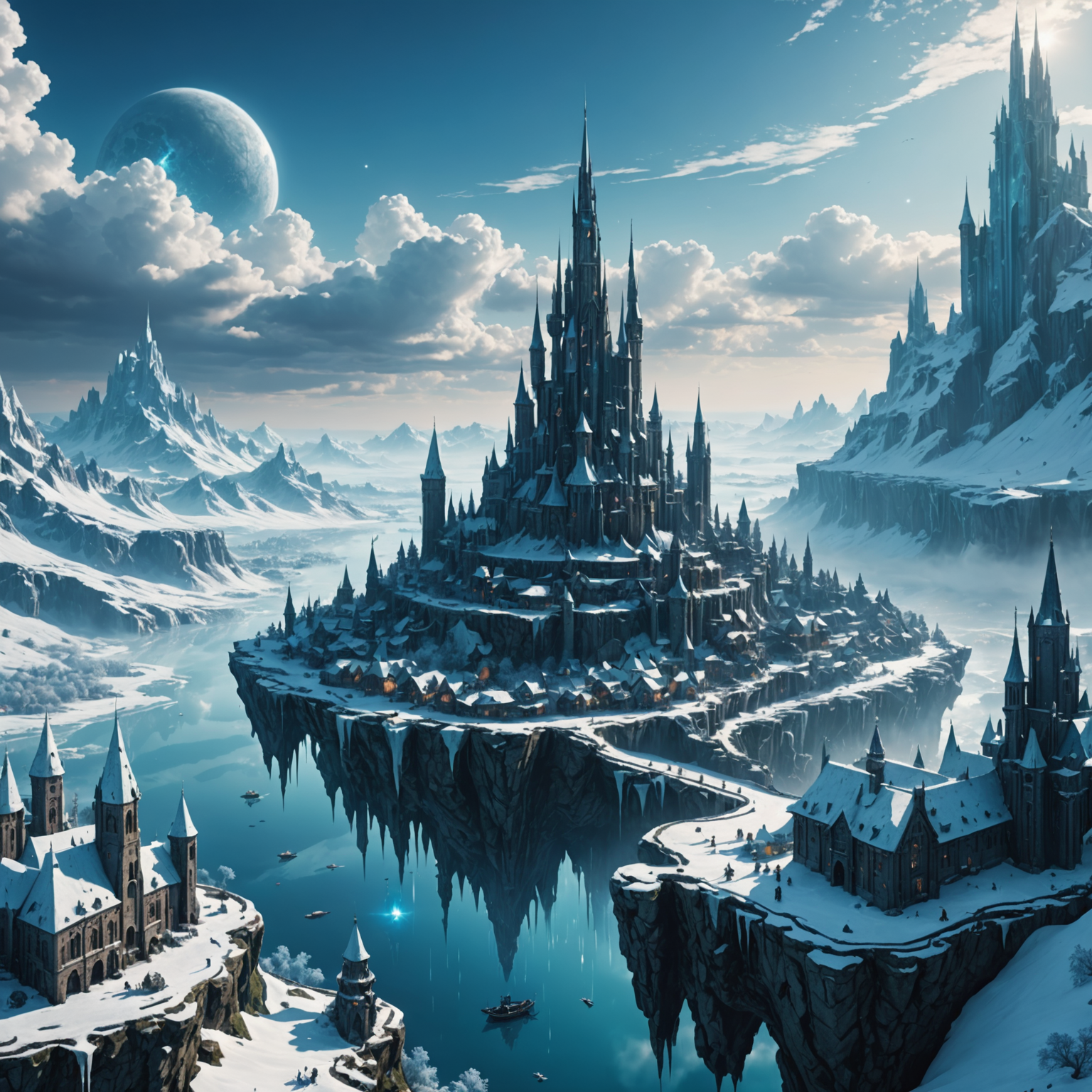 Enchanted Frostveil: A Shadowed Fantasy Landscape in a Floating Sky City fantasy art