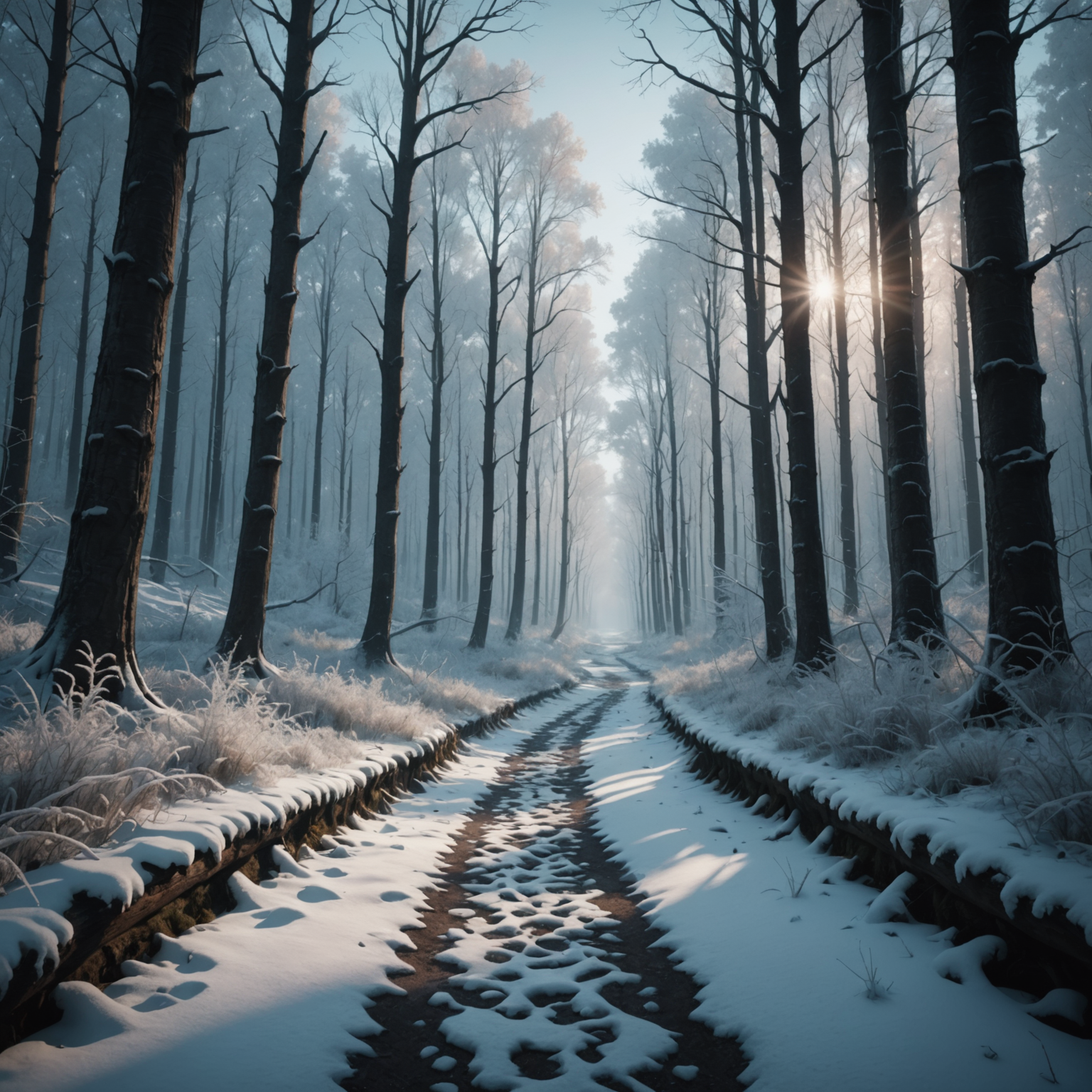 Enchanted Path Through the Frozen Shadow Forest fantasy art