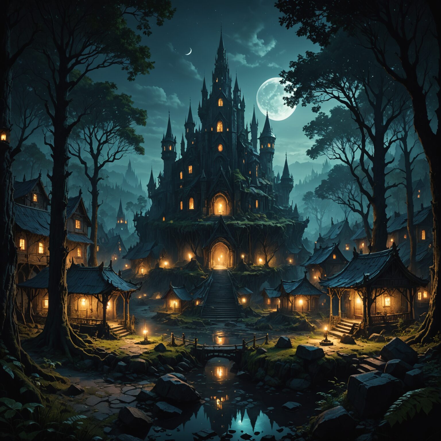 Enchanted Shadows: A Nocturnal City Amidst the Ancient Forest fantasy art