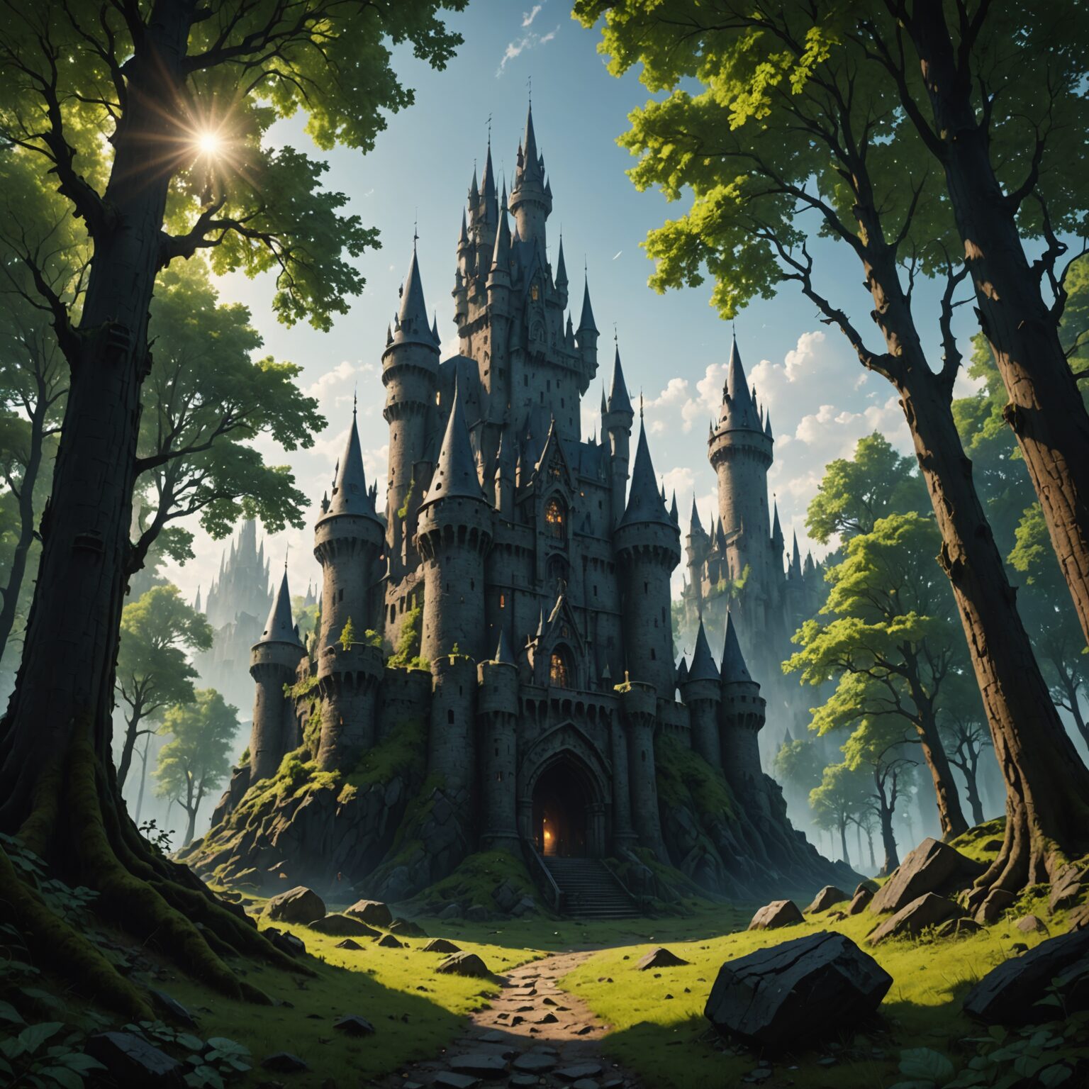 Enchanted Shadows: Castle Skyline Wallpaper in an Ancient Forest Enchanted Shadows: Castle Skyline Wallpaper in an Ancient Forest fantasy art