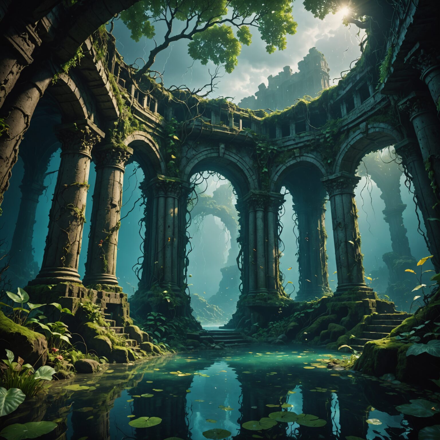 Enchanted Underwater Forest Amidst Stormy Ruins: A Cinematic Fantasy Landscape fantasy art