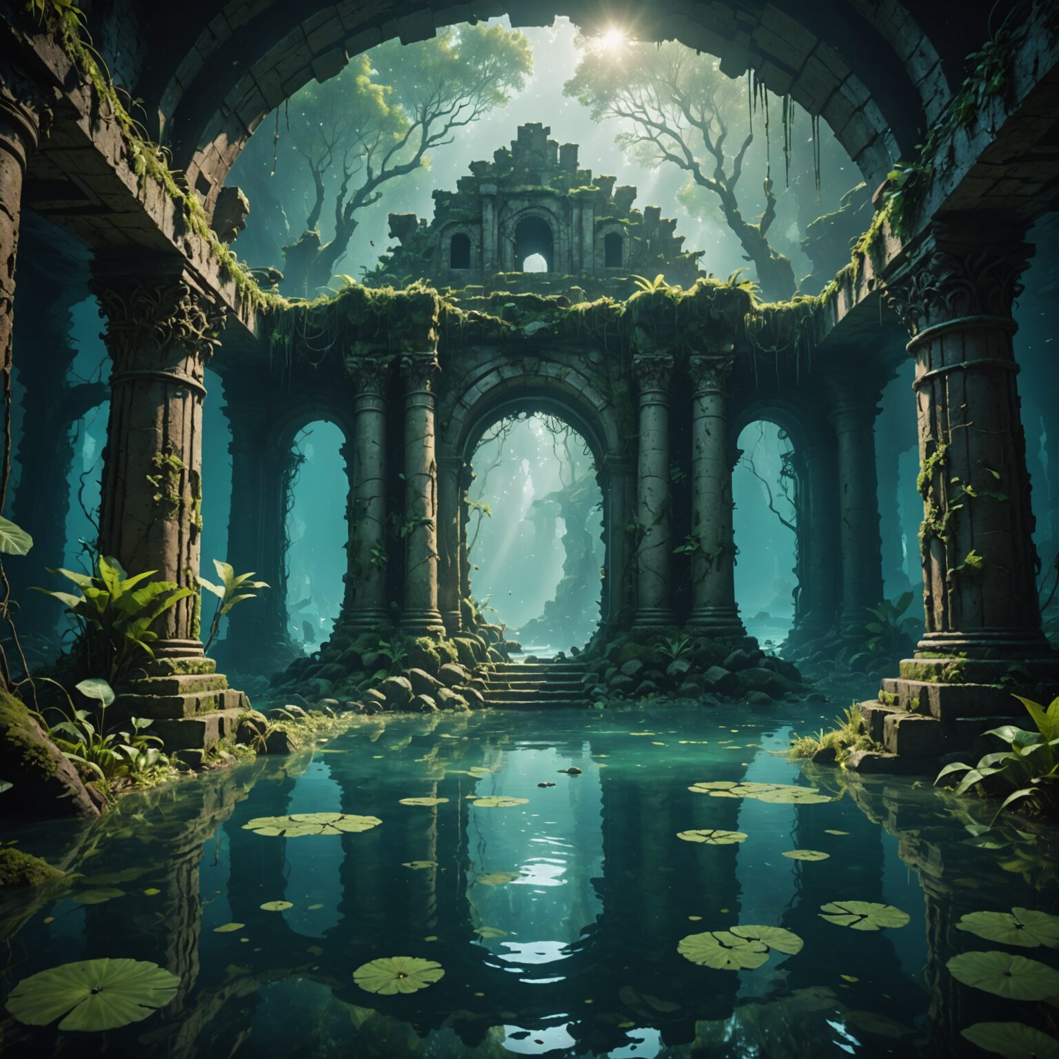 Enchanted Underwater Ruins: Cinematic Forest Mobile Wallpaper fantasy art