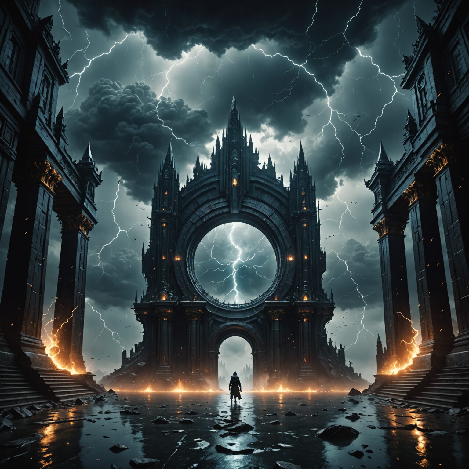 Enigmatic Dark Portal: A Mystic Gateway Amidst Storms in a Floating Sky City fantasy art