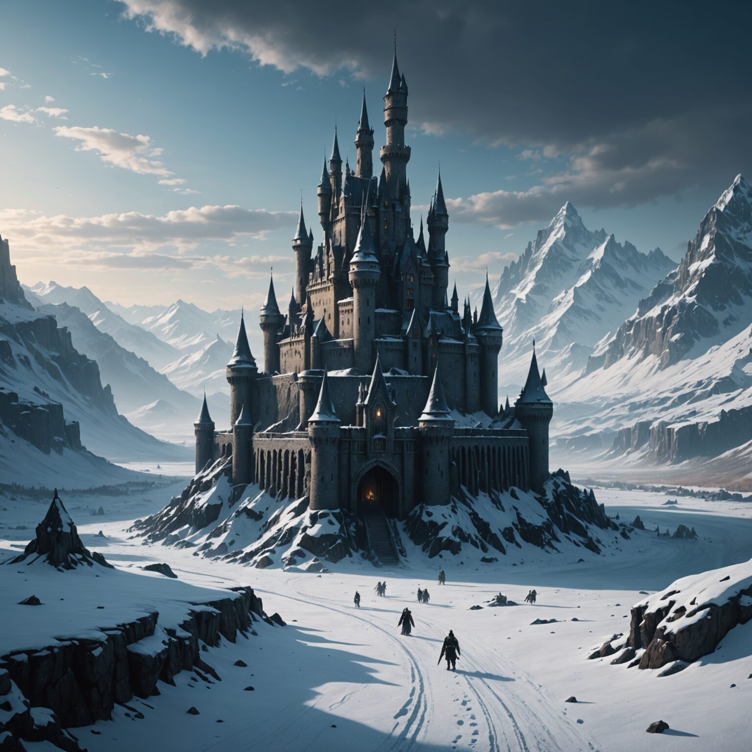 Enigmatic Earthbound Castle in a Frozen Wasteland – 4K Fantasy Wallpaper fantasy art