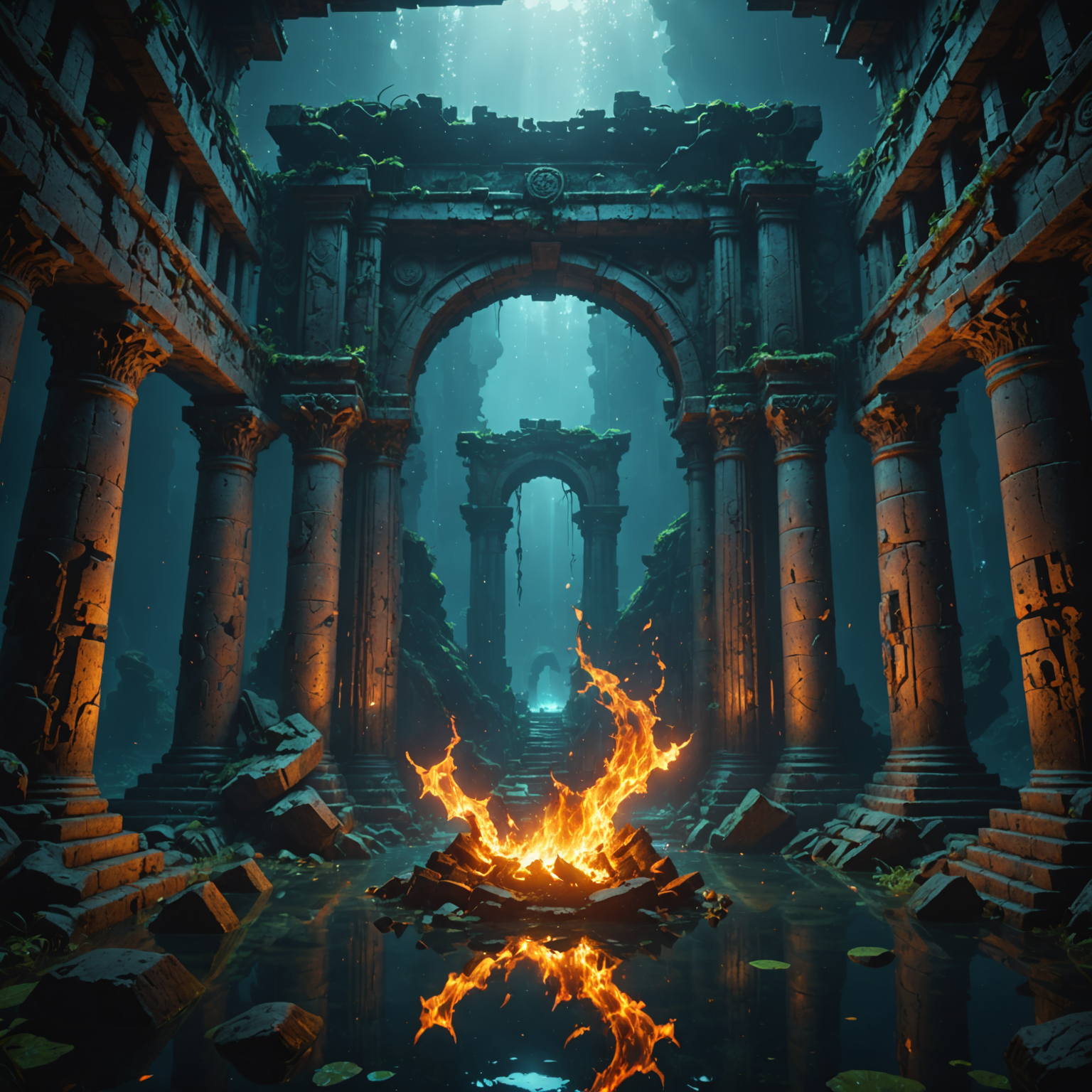 Enigmatic Flames: Dark Portal in Submerged Ruins Mobile Wallpaper Enigmatic Flames: Dark Portal in Submerged Ruins Mobile Wallpaper fantasy art