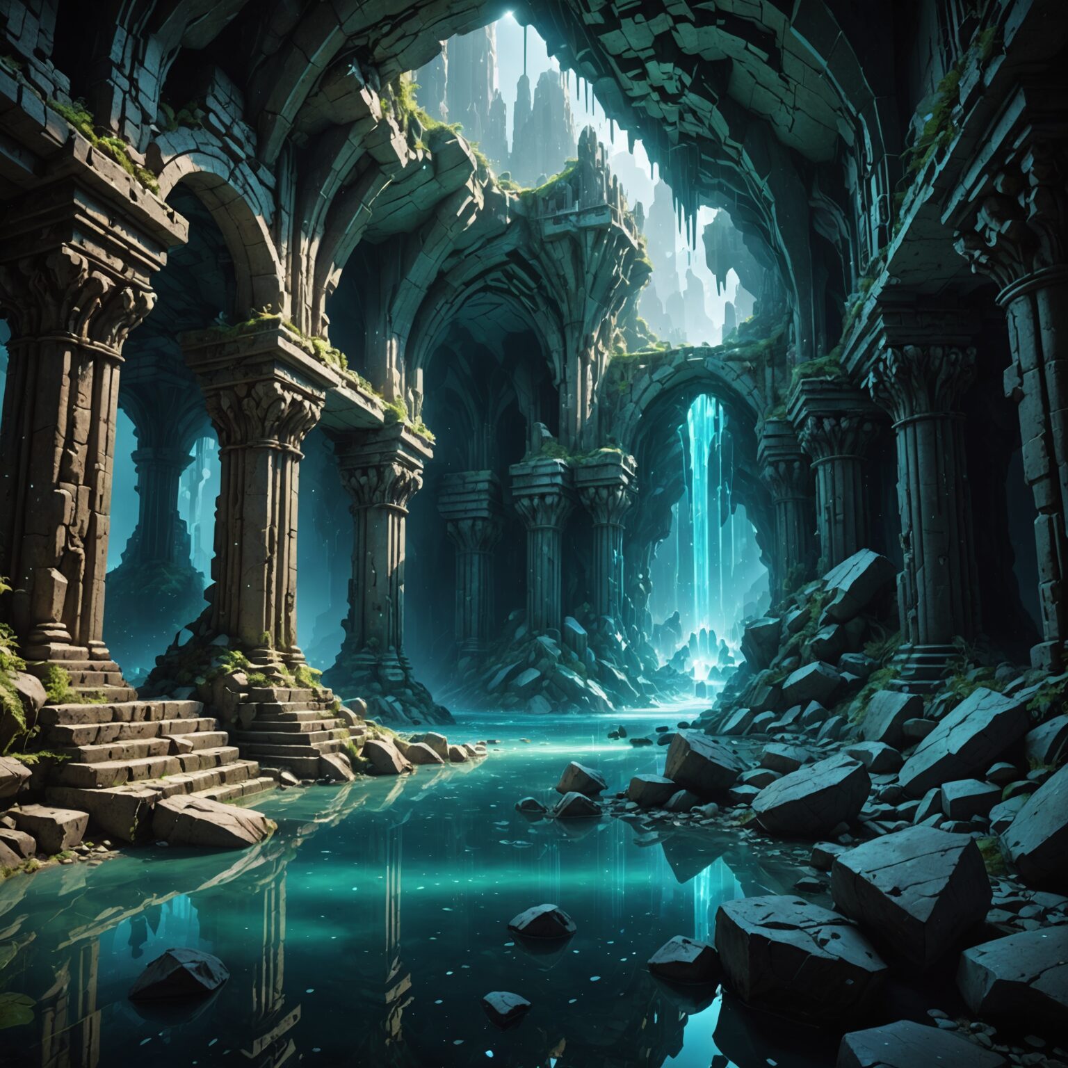 Enigmatic Ruins of the Crystal Cavern: A Water-Infused Fantasy Environment fantasy art