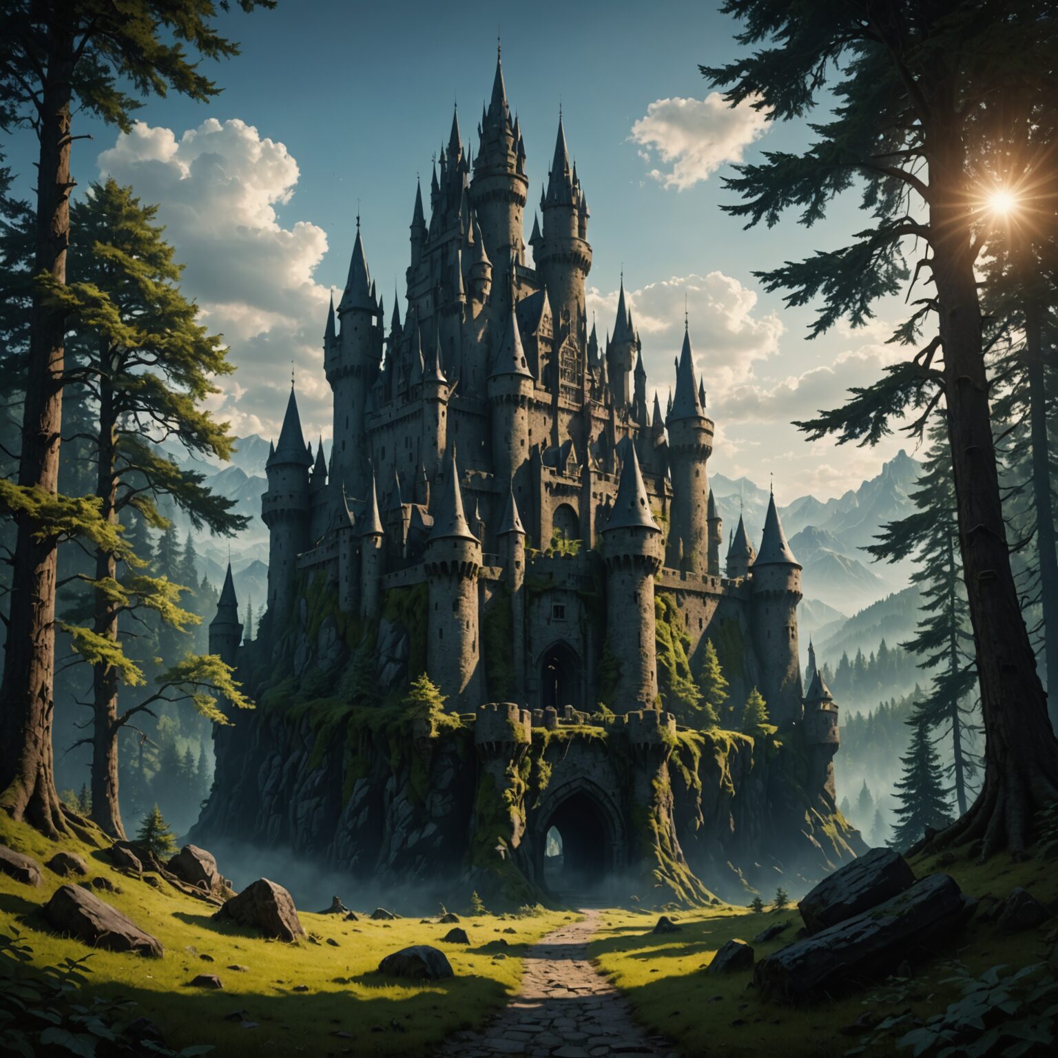 Enigmatic Shadowed Castle Skyline in an Ancient Forest – Desktop Wallpaper fantasy art