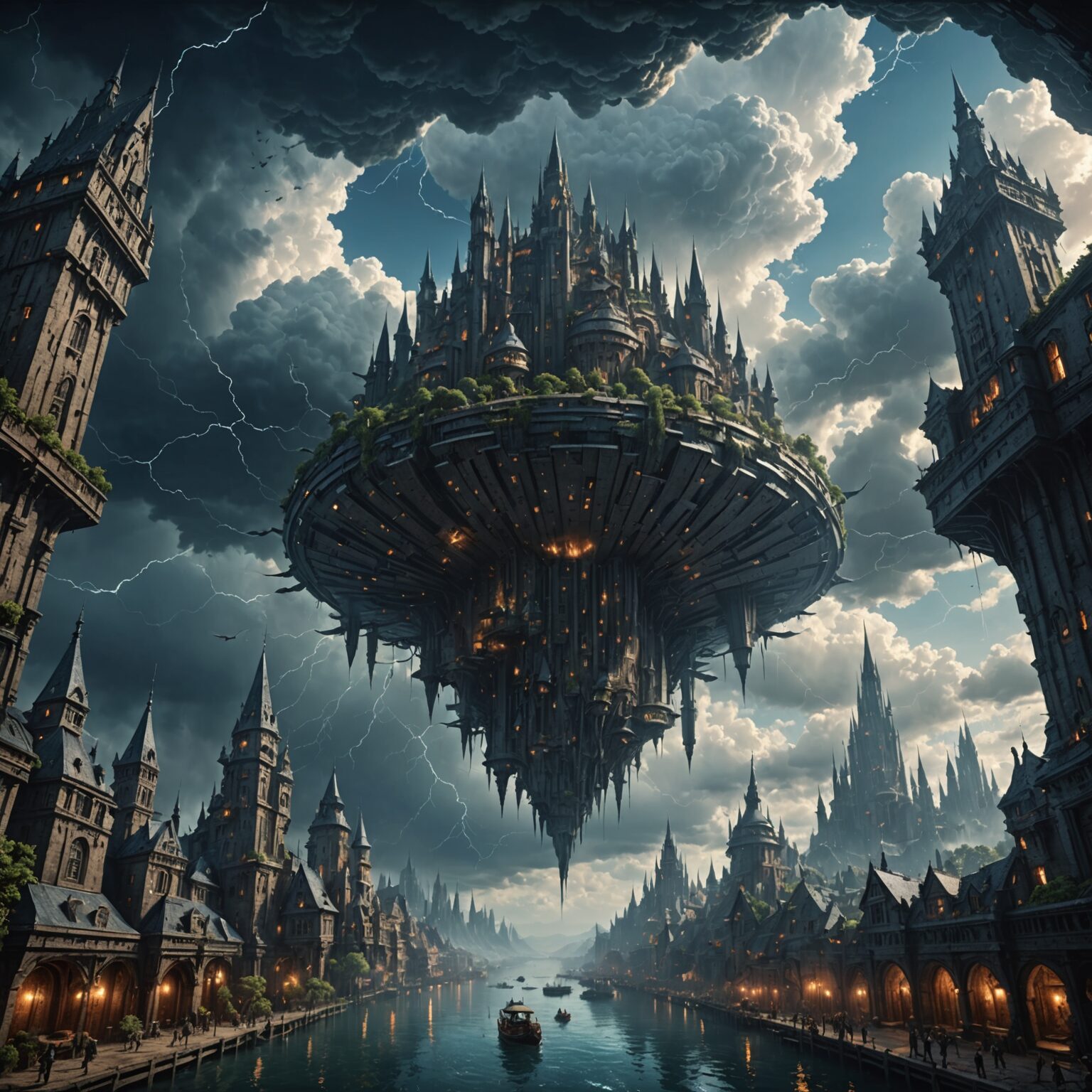 Epic 4K Wallpapers of Storm-Laden Floating Sky Cities fantasy art