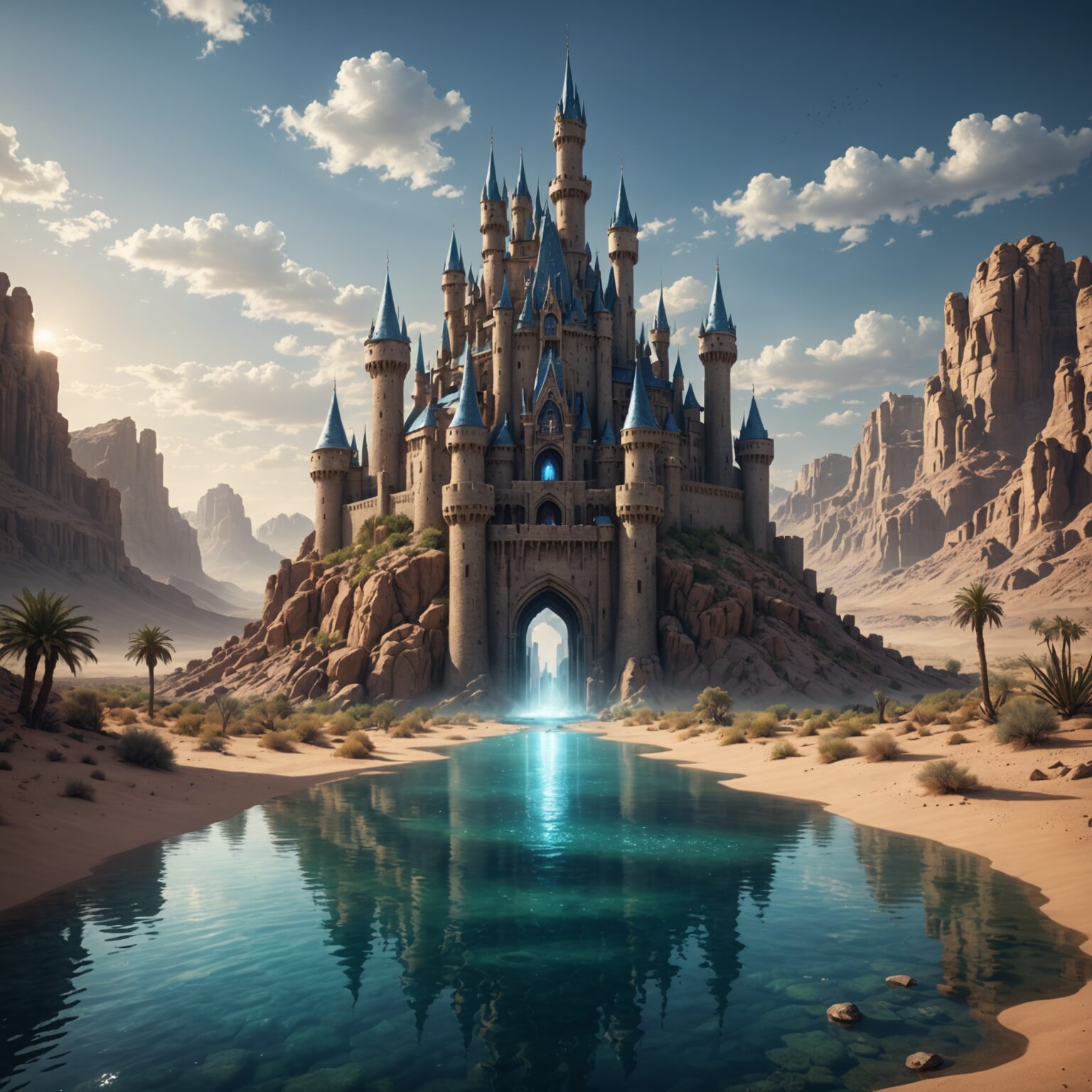 Epic Castle Skyline with Water Energy in a Desert Kingdom: Vertical Masterpiece Wallpaper fantasy art