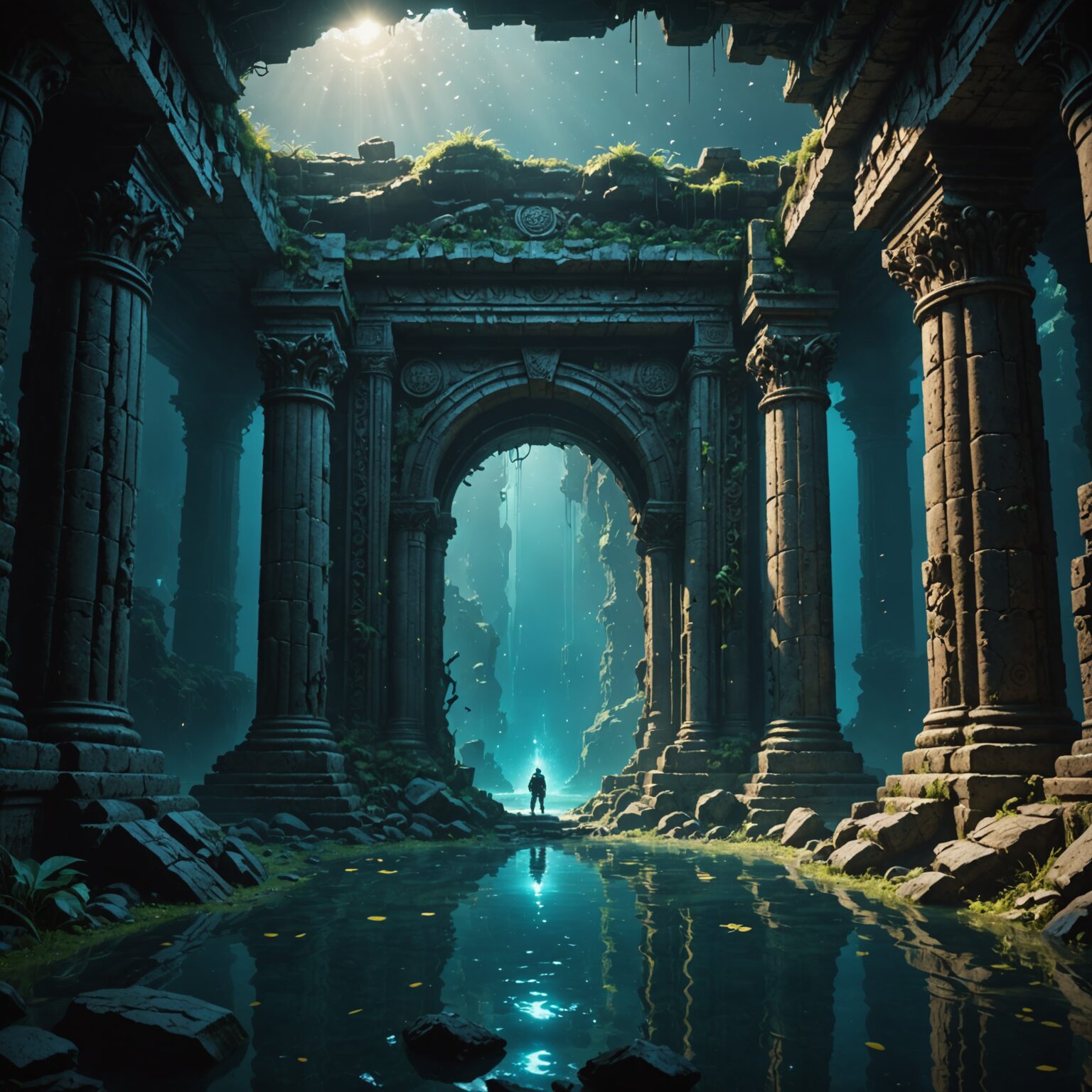 Epic Dark Portal in Underwater Ruins – Mobile Fantasy Wallpaper fantasy art