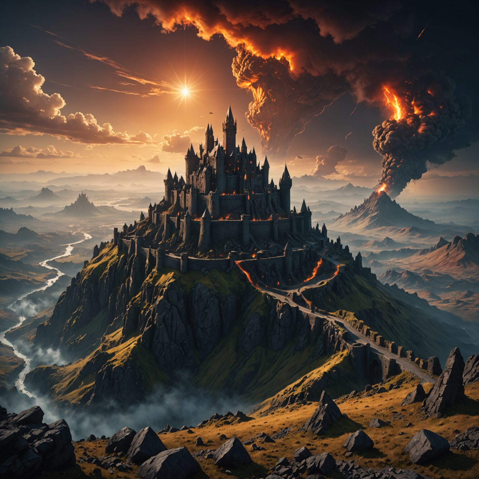 Epic Earth-Empowered Castle Skyline Amid Volcanic Mountains fantasy art