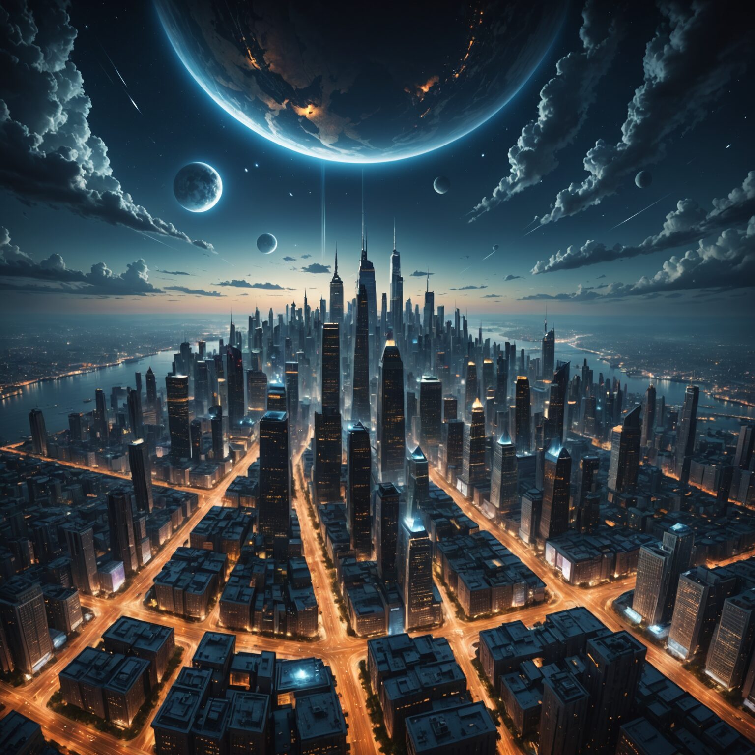 Epic Earth-Infused Floating Sky City at Night: A Cinematic Desktop Wallpaper fantasy art