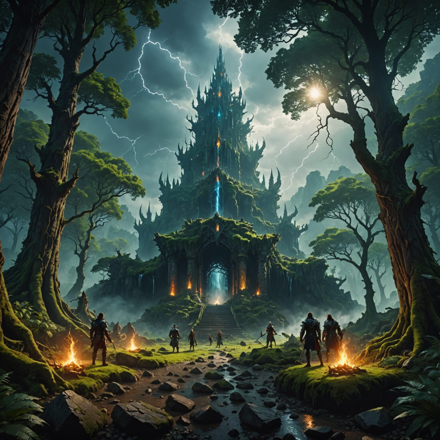 Epic Kingdom Amidst a Storm in an Ancient Forest - 4K Fantasy Wallpaper fantasy art