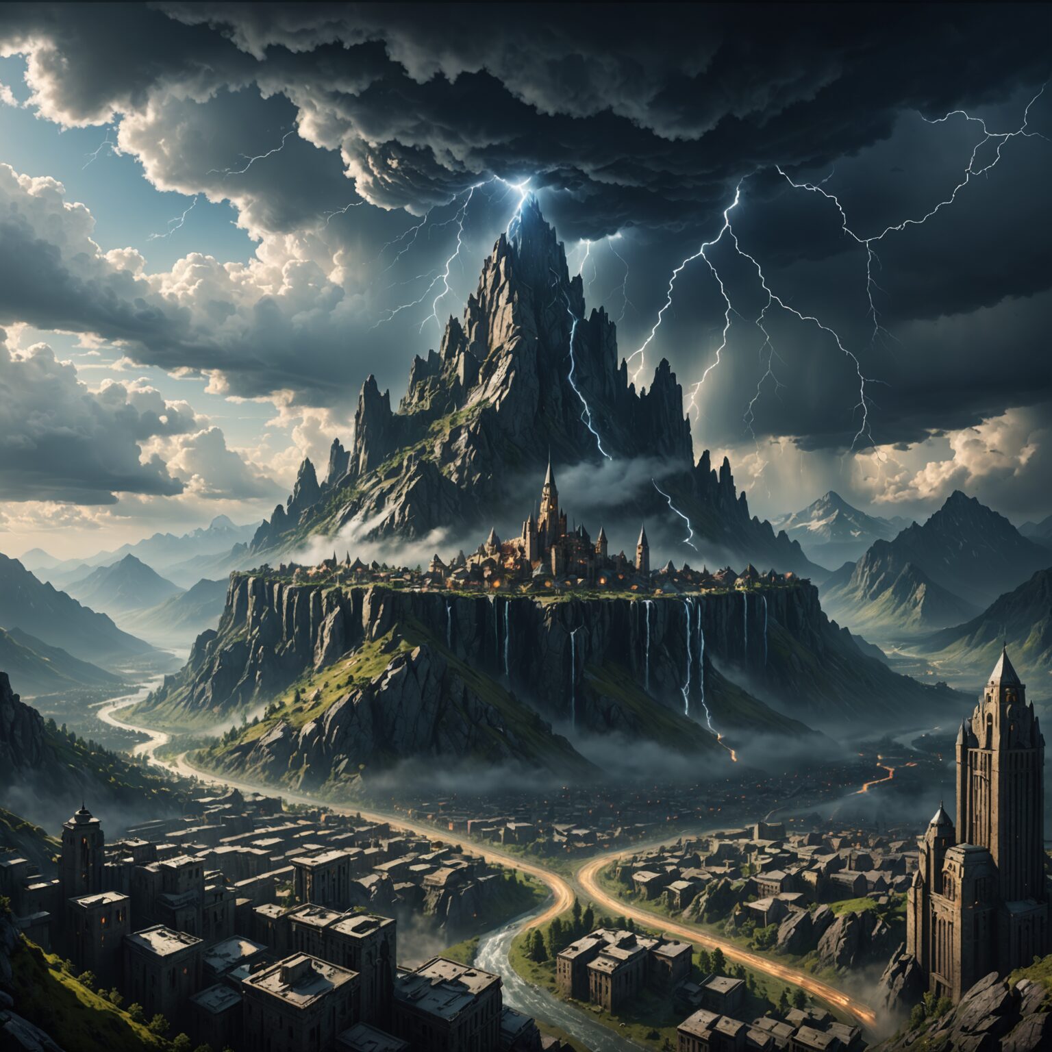 Epic Mountain Vistas Amidst Storm and Sky in Floating Cities Epic Mountain Vistas Amidst Storm and Sky in Floating Cities fantasy art