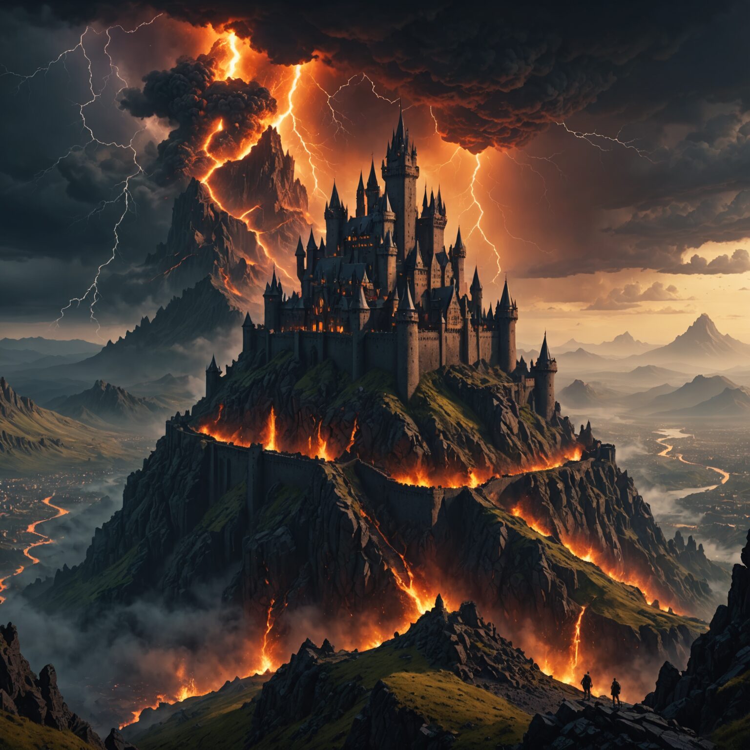 Epic Storm-Empowered Castle Skyline Amid Volcanic Mountains - Desktop Wallpaper fantasy art