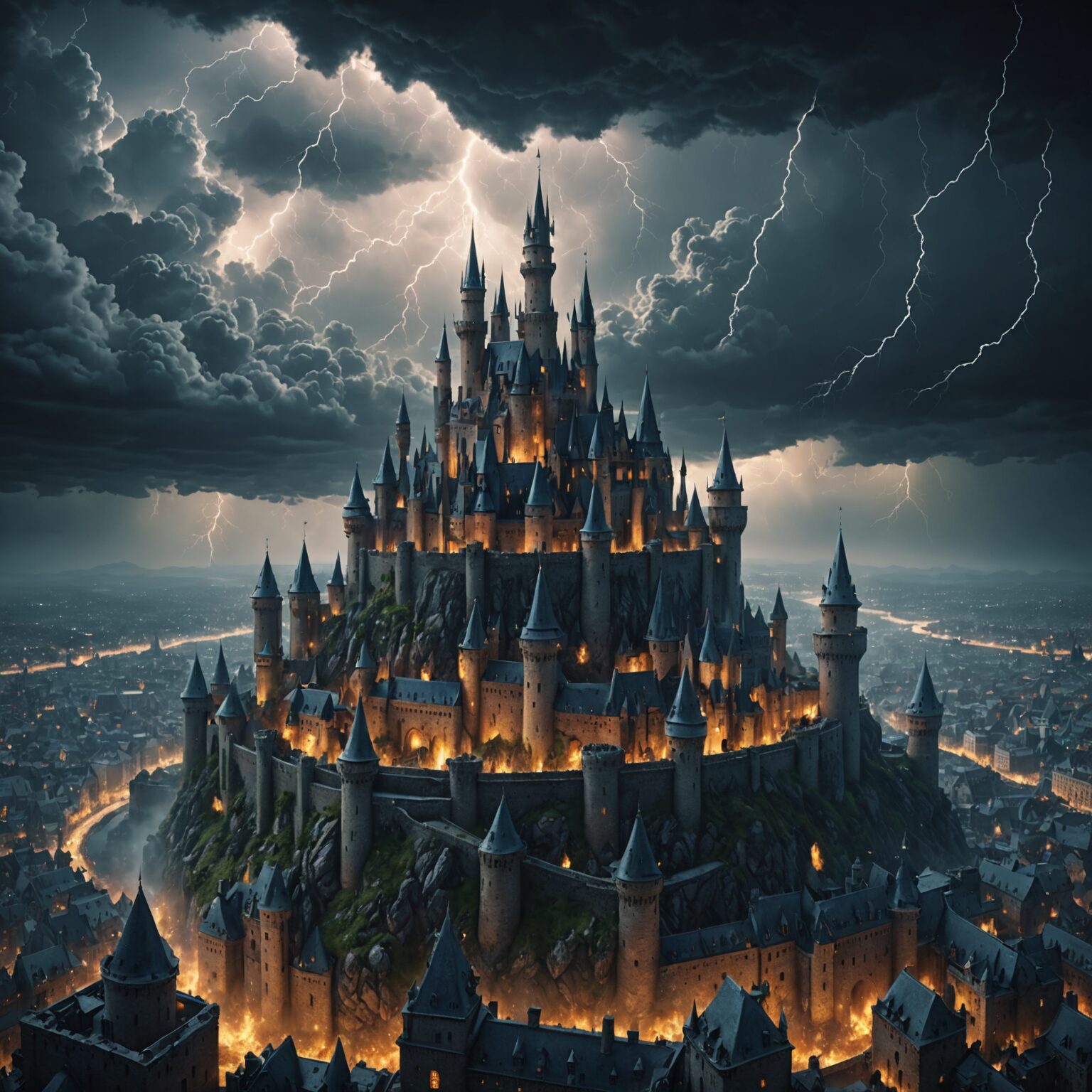 Epic Storm-Empowered Castle Skyline in a Floating Sky City - Desktop Wallpaper fantasy art