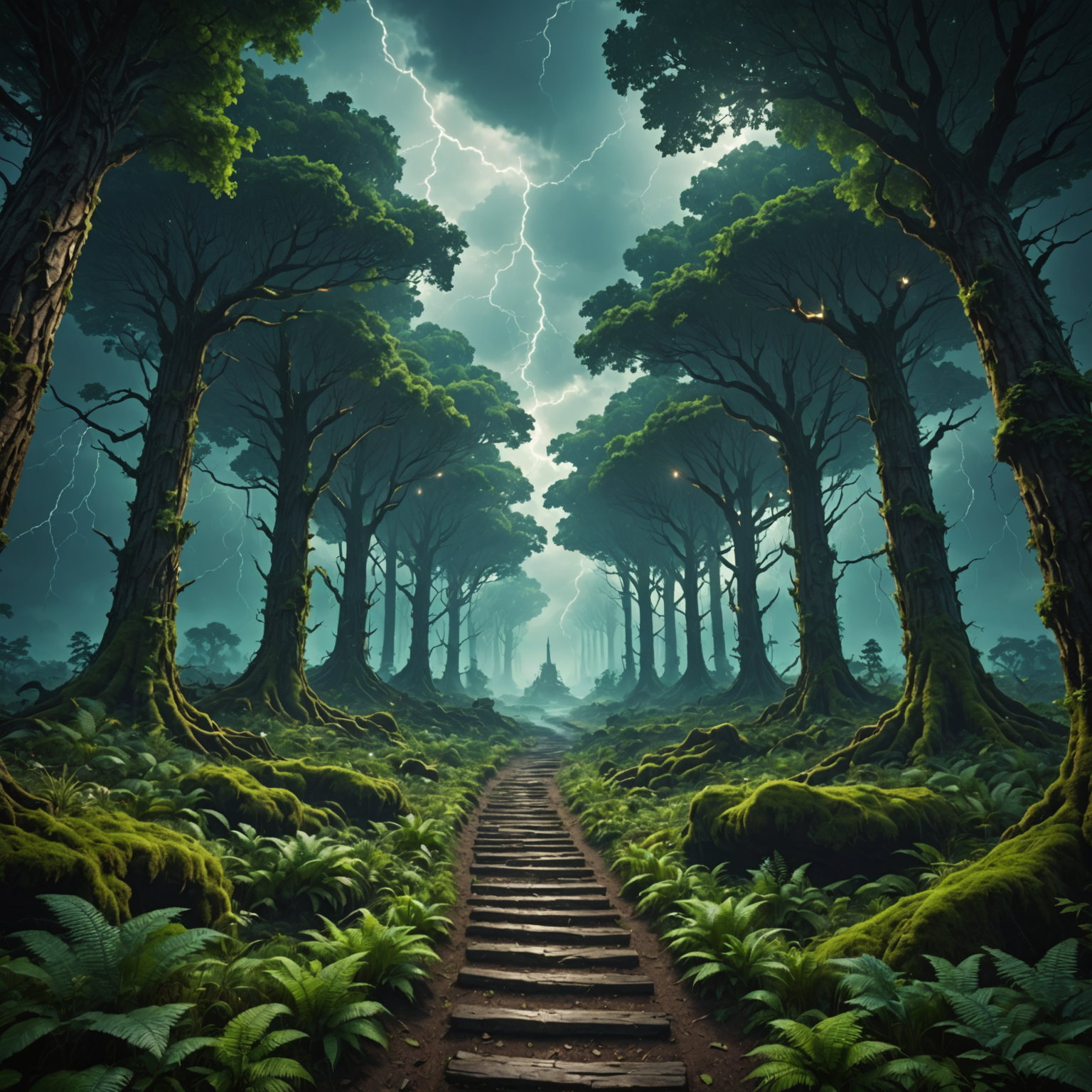 Epic Storm-Empowered Forest Path in a Floating Sky City fantasy art