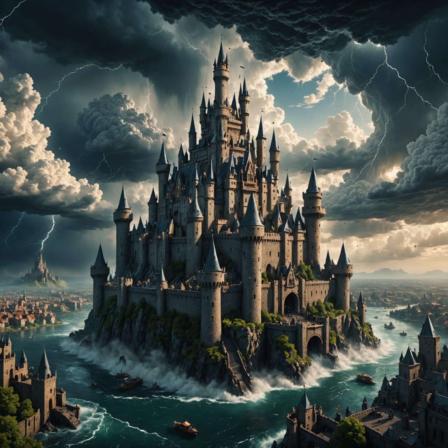 Epic Storm rages over the Floating Sky City Castle - 4K Fantasy Wallpaper fantasy art