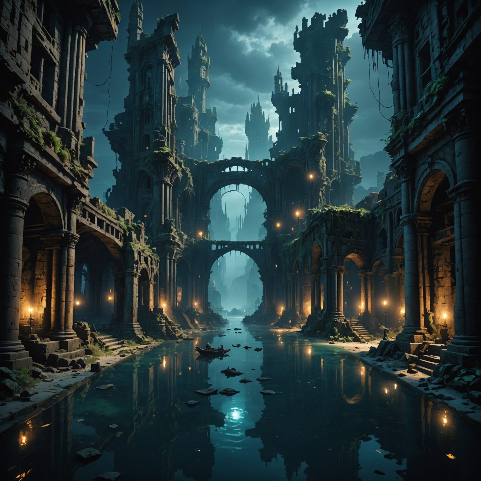 Ethereal Depths: Cinematic Cityscape Amid Underwater Ruins Ethereal Depths: Cinematic Cityscape Amid Underwater Ruins fantasy art