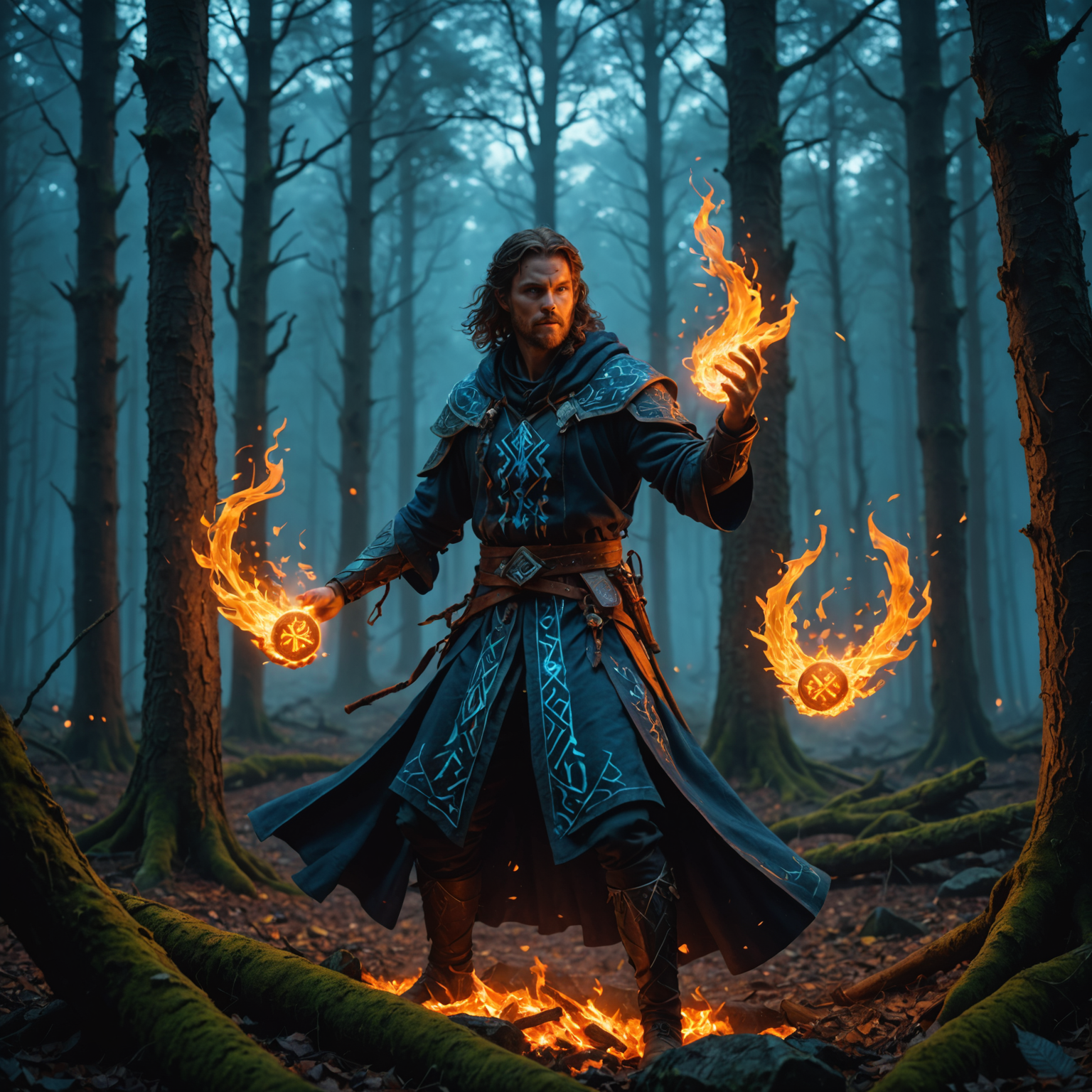 Ethereal Fire and Runic Magic in the Forest: Spellcasters of the Ancient Runes fantasy art