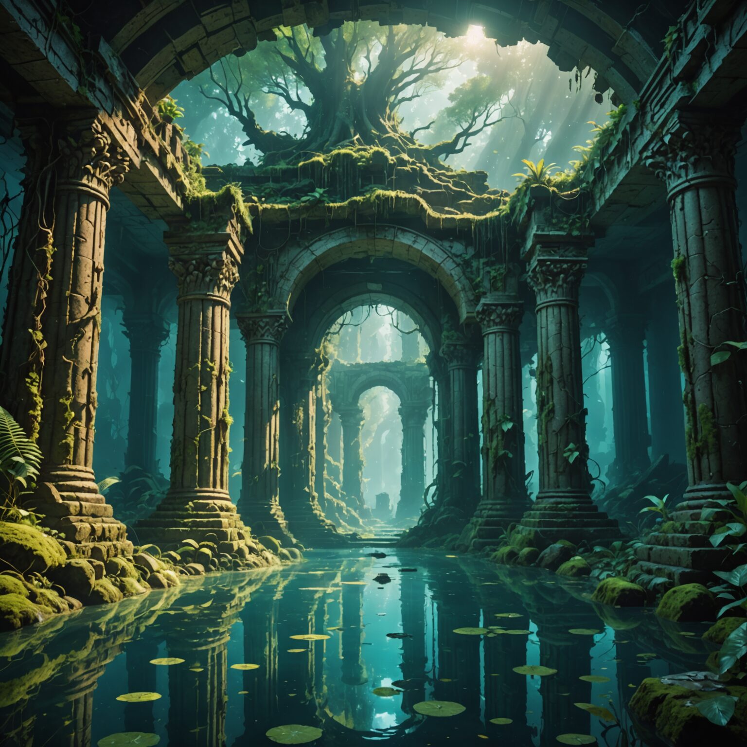 Ethereal Underwater Ruins Mobile Wallpaper: A Cinematic Forest Scene fantasy art