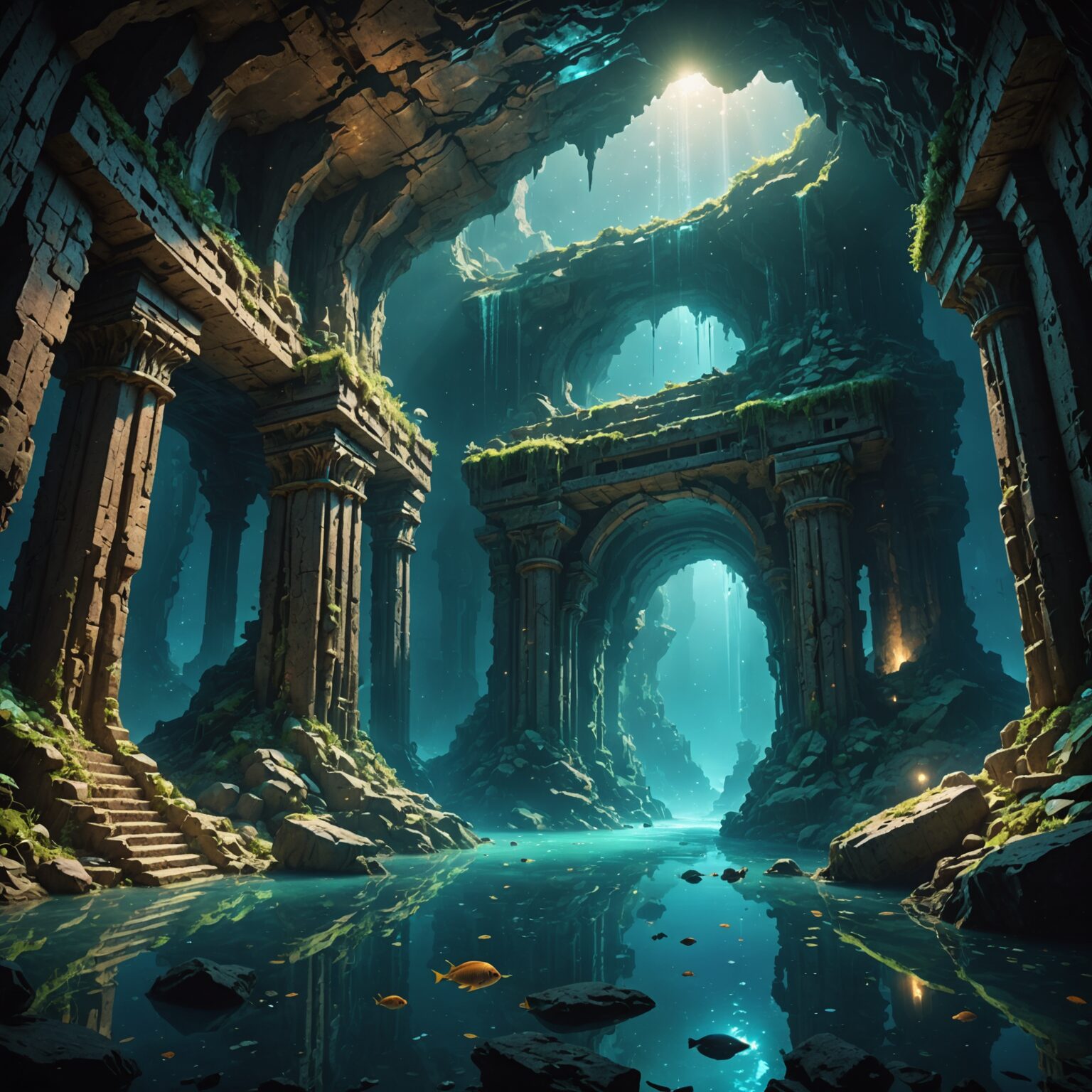 Exploring the Celestial-Infused Underwater Ruined Cavern fantasy art