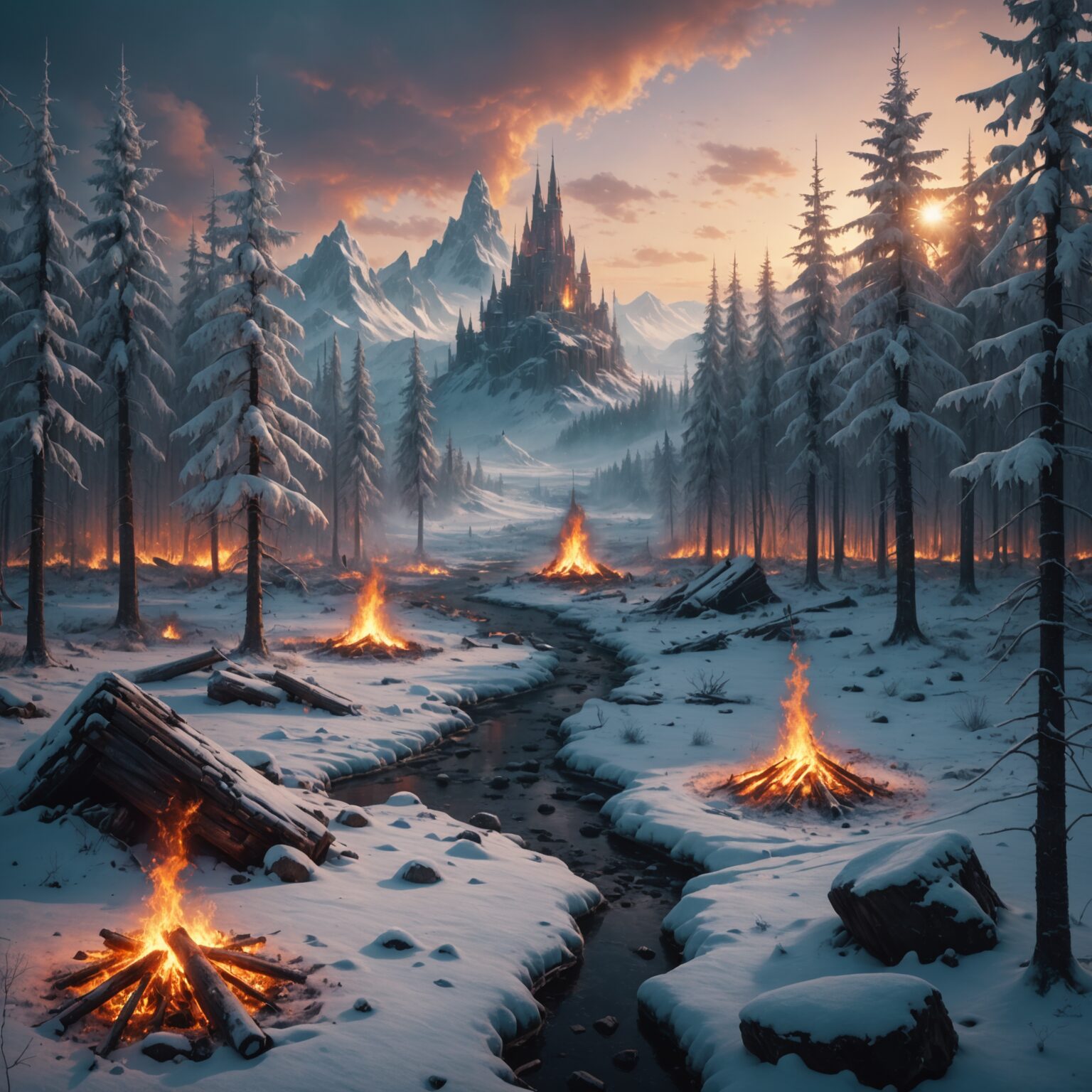 Fiery Forest Awakens in Frozen Wasteland: Cinematic Mobile Wallpaper fantasy art