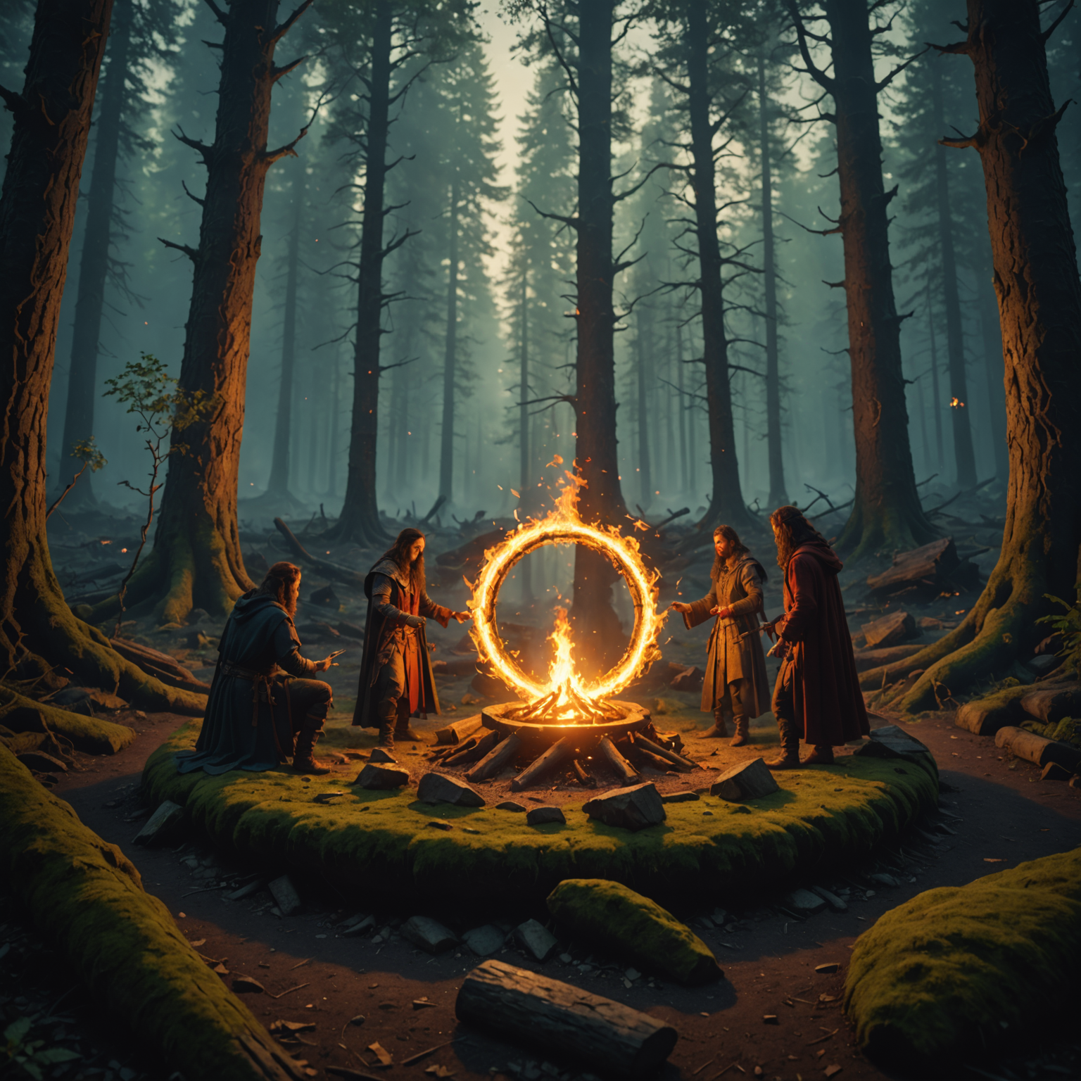 Fire-Infused Ritual Circles: The Spellcaster's Fiery Dance in Ancient Forests Fire-Infused Ritual Circles: The Spellcaster's Fiery Dance in Ancient Forests fantasy art